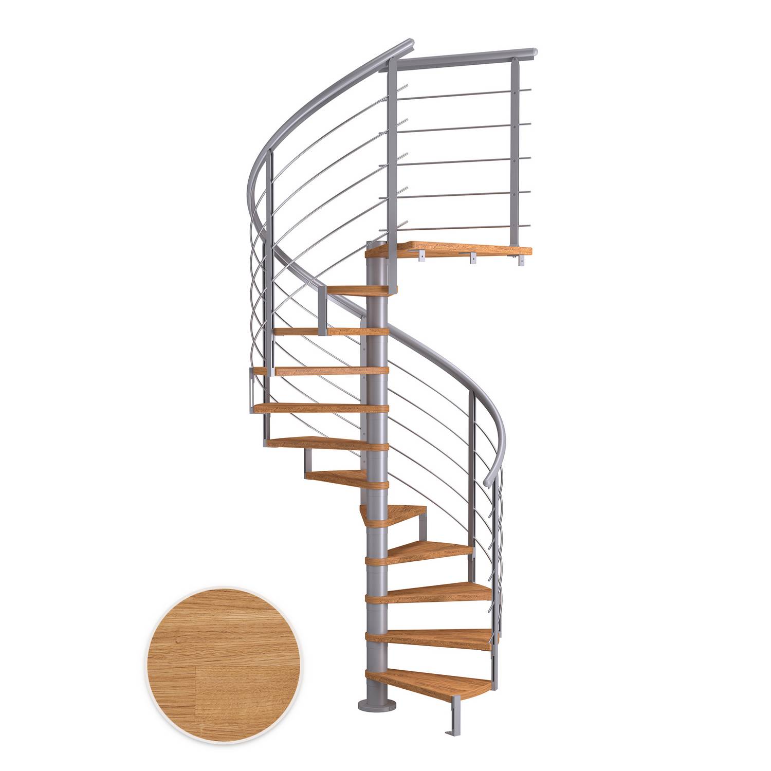 MONTREAL spiral ek oljad pearl grey DESIGN 12T Ø160 Pearl Grey, D: 1600 mm, Høyde gulv til gulv: 2700-3090 mm, 12+1 trinn