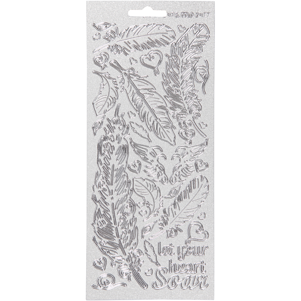 Stickers, silver, fjädrar, 10x23 cm, 1 ark Sølv