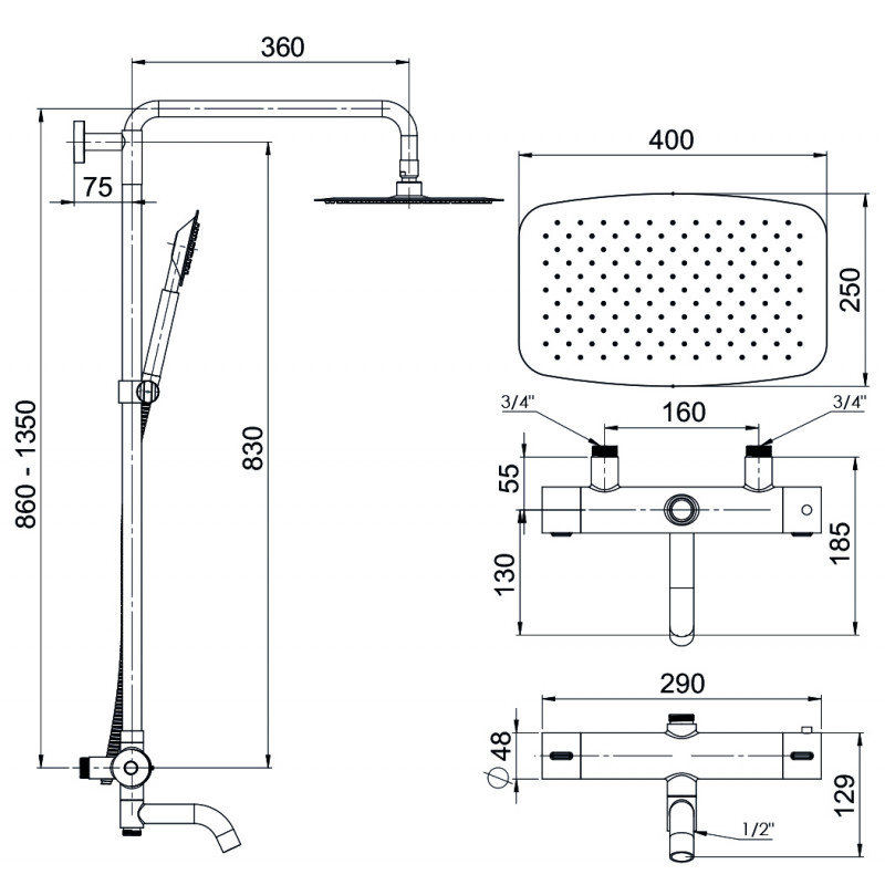 Takduschset Strand Stainless Titan TI-511WXL 160 cc med Badkarspip