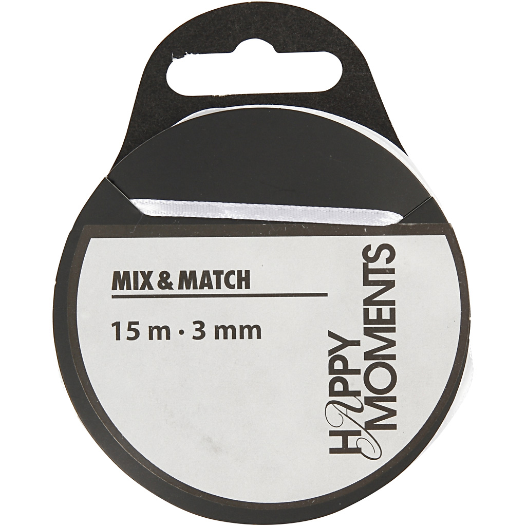 Satinband, vit, B: 3 mm, 15 m/ 1 rl. Hvit, 15 m