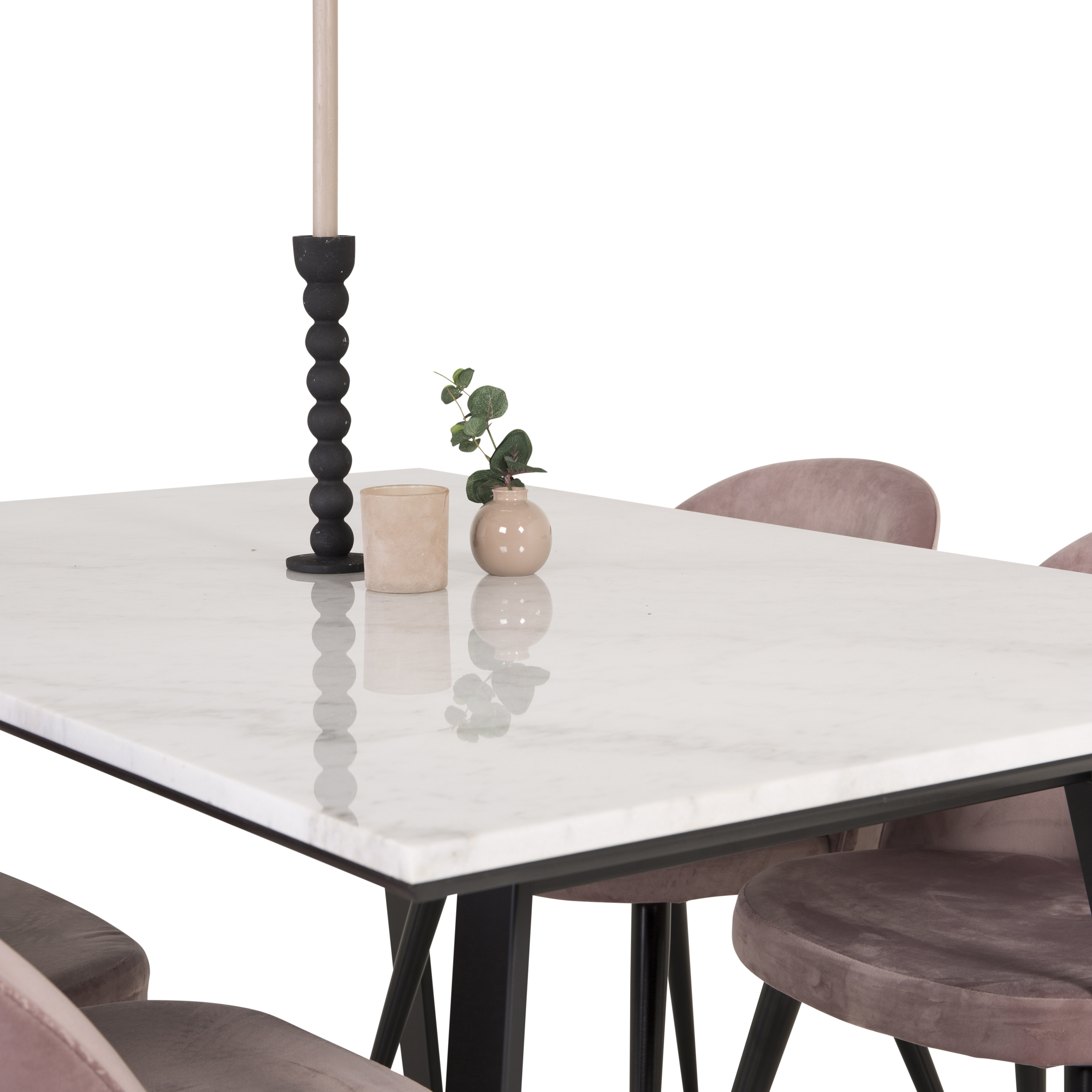 EstelleBord140*90-VitMarble/Black+Stol-Svart/GamelrosaSamet4 Hvit Bord med Sort Bein, Rosa Stol med Sort Bein