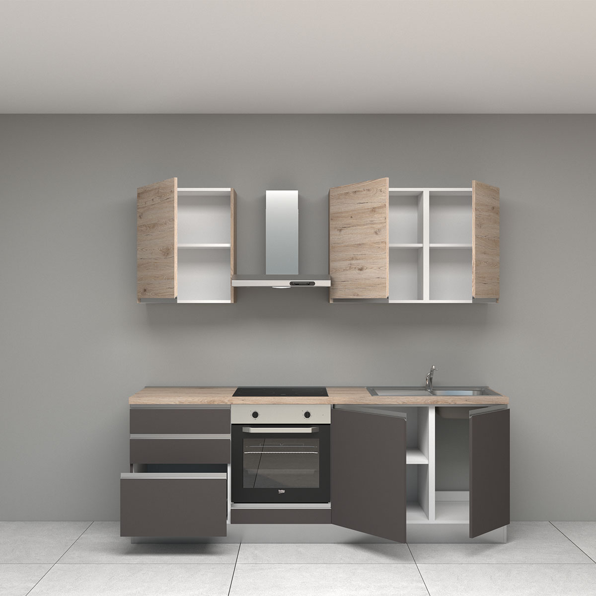 Komplett Kjøkken Mimo Dalia 225 Høyre Mørkgrå/Eik inkl. Hvitevarer Ferdigmontert