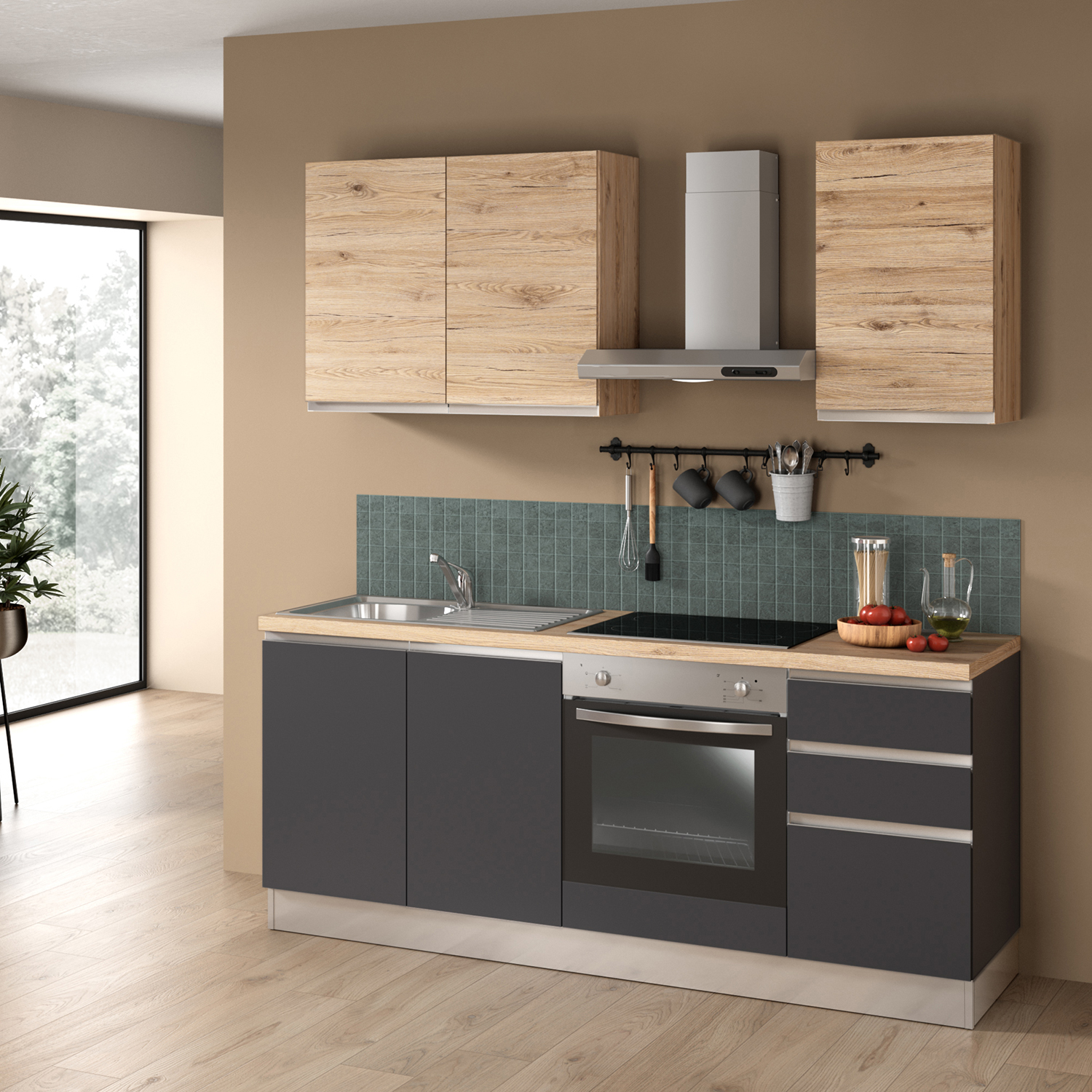 Komplett Kjøkken Mimo Dalia 195 Grå/Eik inkl. Hvitevarer Ferdigmontert