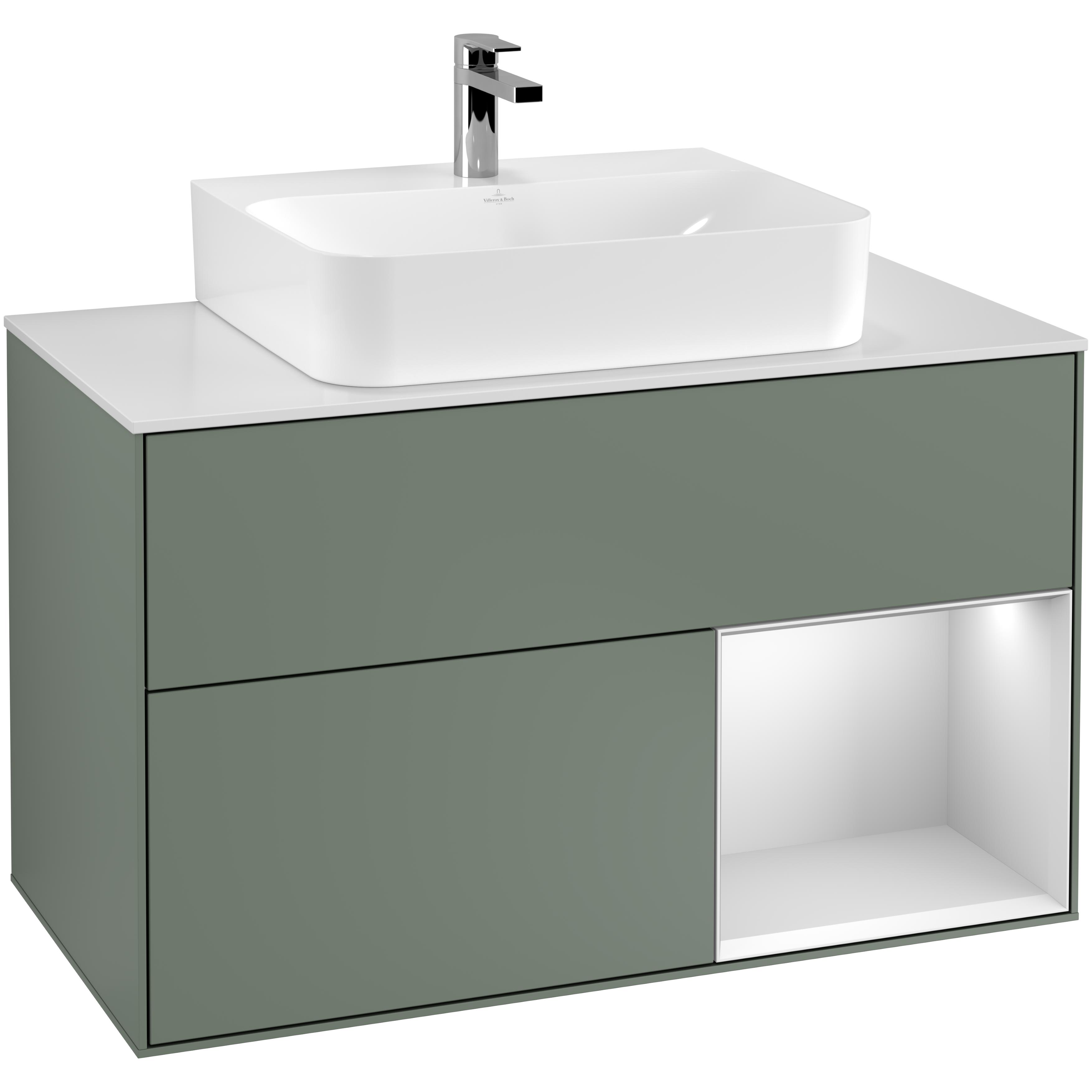 Tvättställsskåp Villeroy & Boch Finion G121MTGM Oliv Mattlack/Vit Mattlack med bänkskiva i Mattvitt glas med Väggbelysning, Lucka Höger