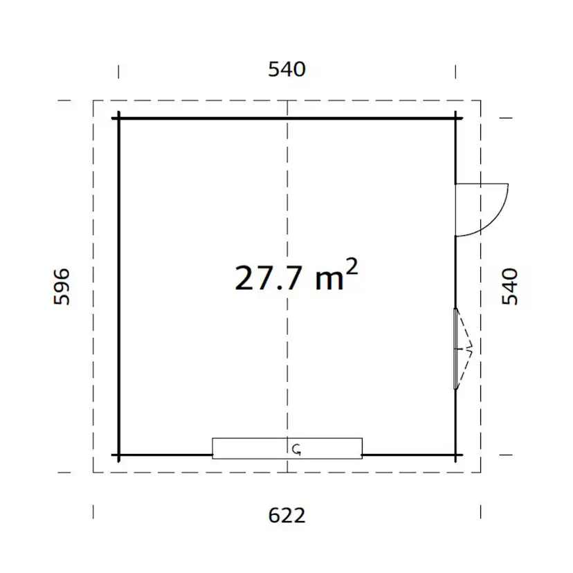 Roger 29,2 m2 (inv. 27,7 m2) with sectional door Ubehandlet tre