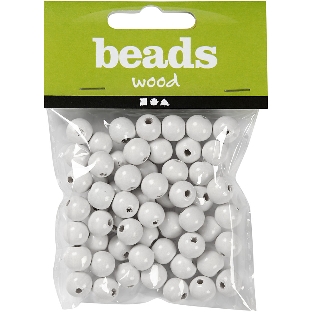 Träpärlor, vit, Dia. 12 mm, Hålstl. 3 mm, 22 g/ 1 förp. Hvit