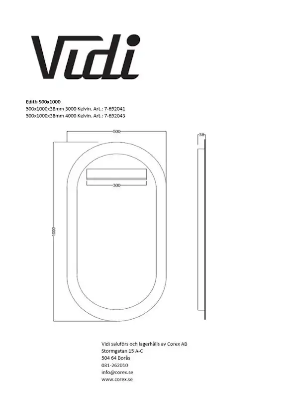 Speil Vidi Edith 500x1000 mm
