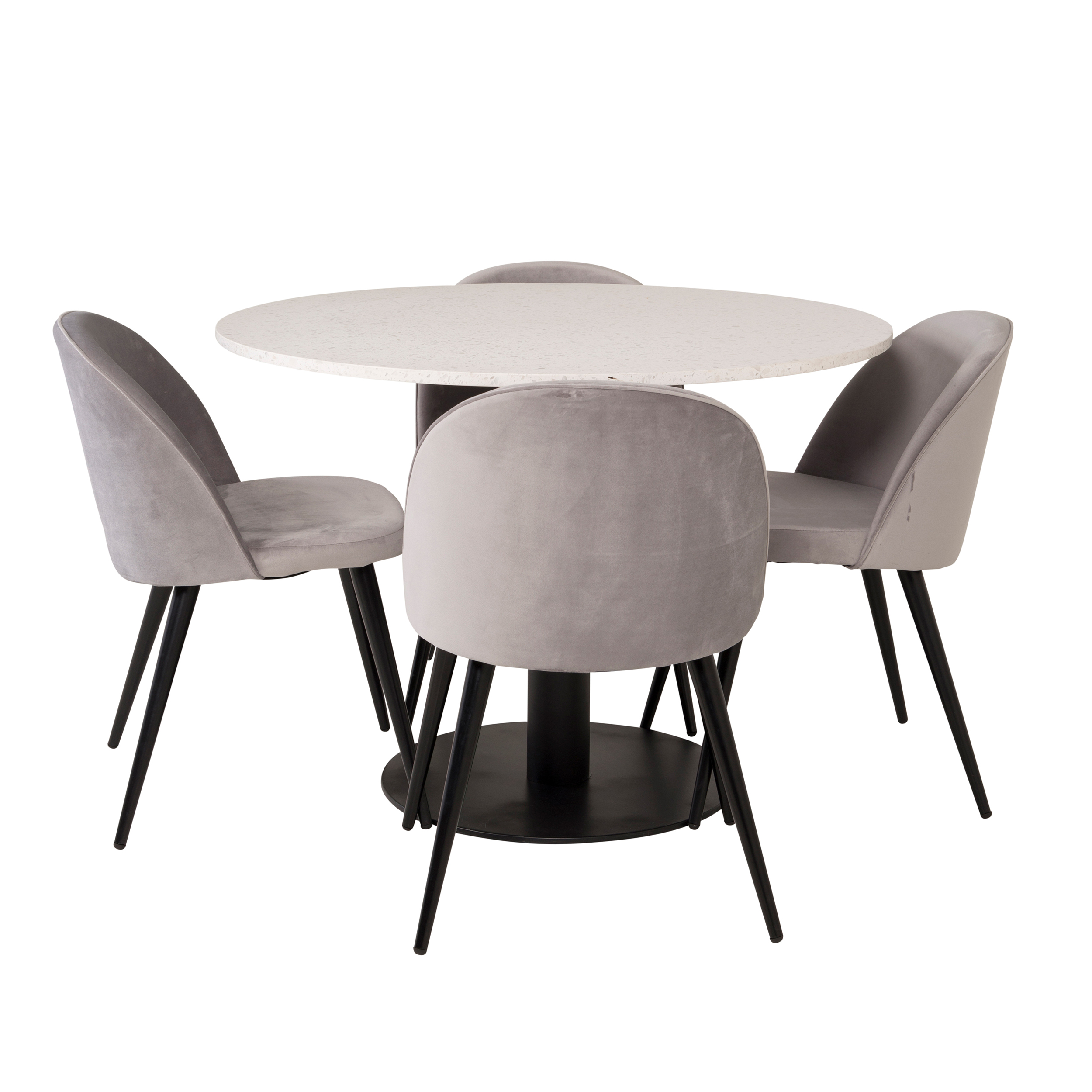 Razzia Table 106 White/Black+Velvet Black/Light grey seat4 Hvit Bord med Sort Bein, Lysegrå Stol med Sort Bein