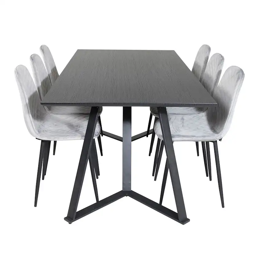 Marina Table - Black top /Polar Diamond Chair - -gråVelvet_6 Sort/Grå/Sort