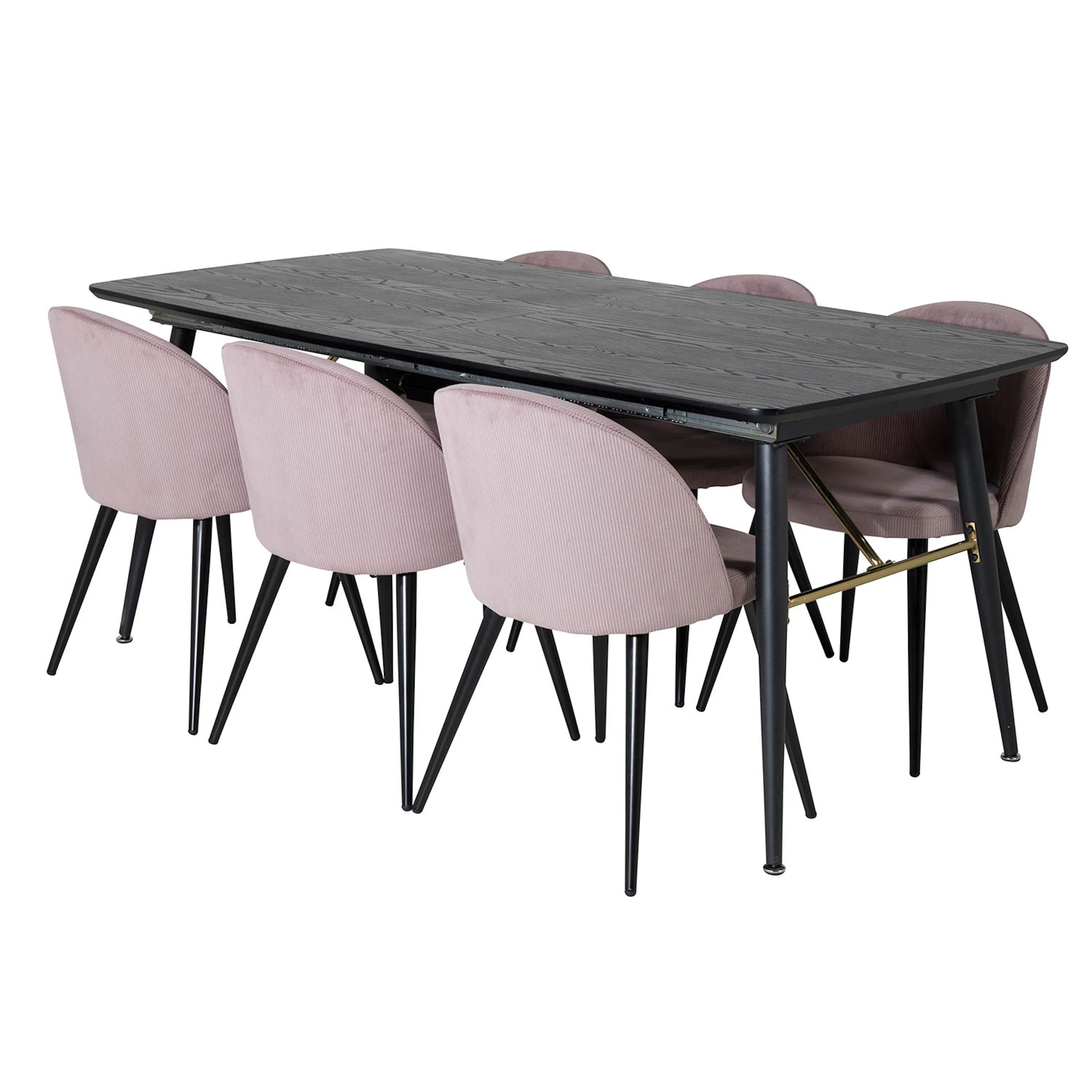 Gold Extention table-Veneer-Black legs+Velvet Chair-Black_6 Sort/Rosa, Manchester
