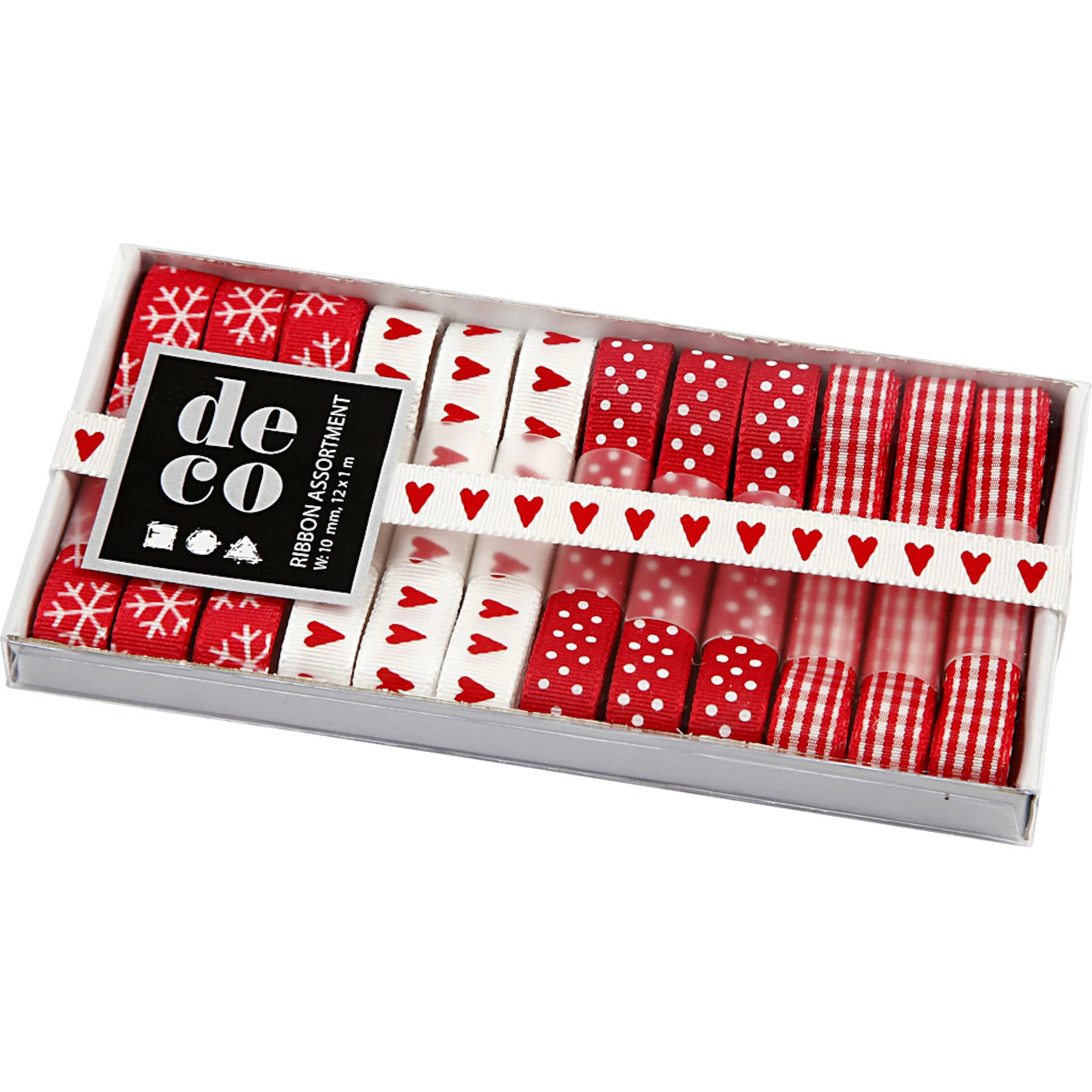 Dekorationsband, röd/vit harmoni, B: 10 mm, 12x1 m/ 1 förp. Rød/Hvit