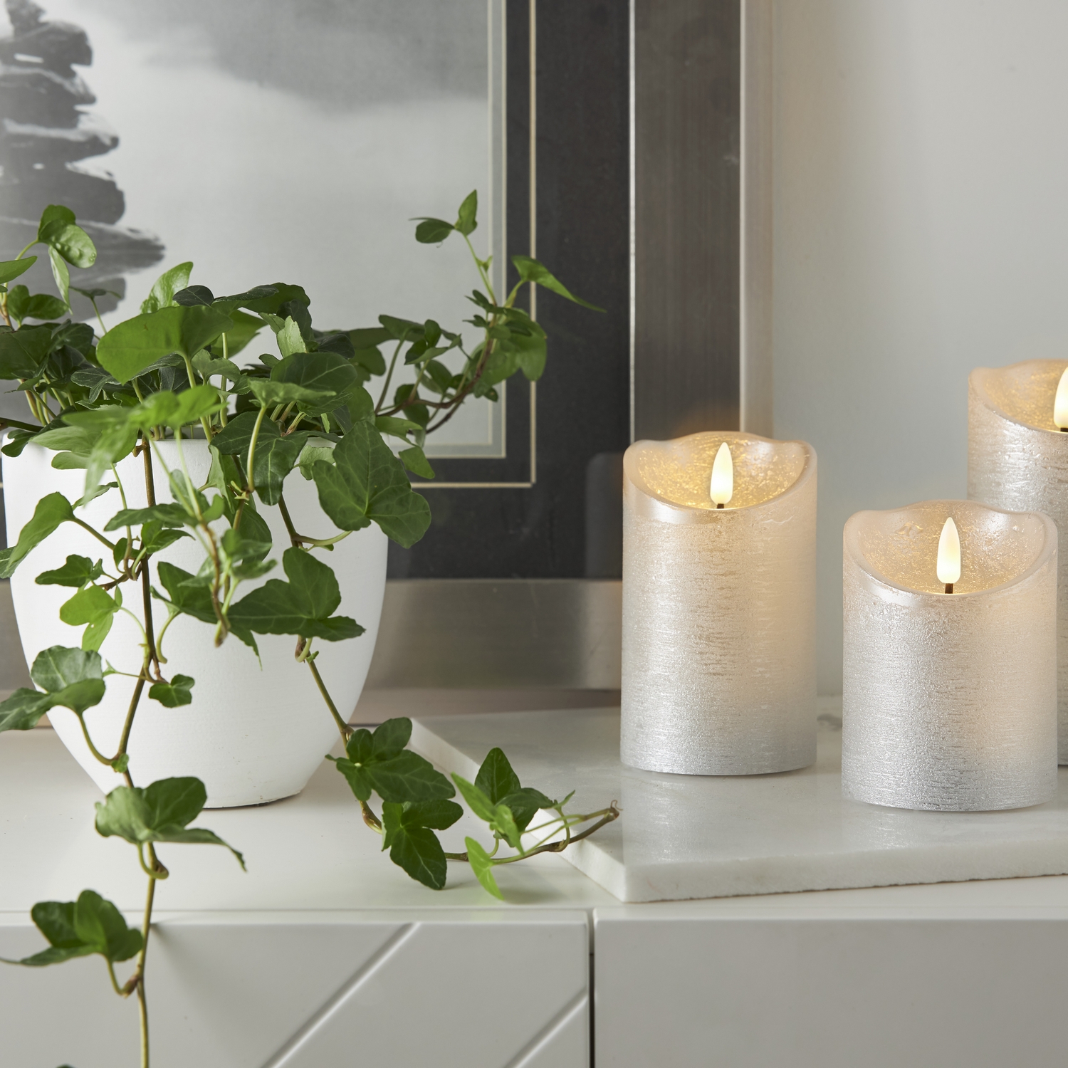 LED Blockljus Flamme Rustic Sølv, Høyde: 125 mm