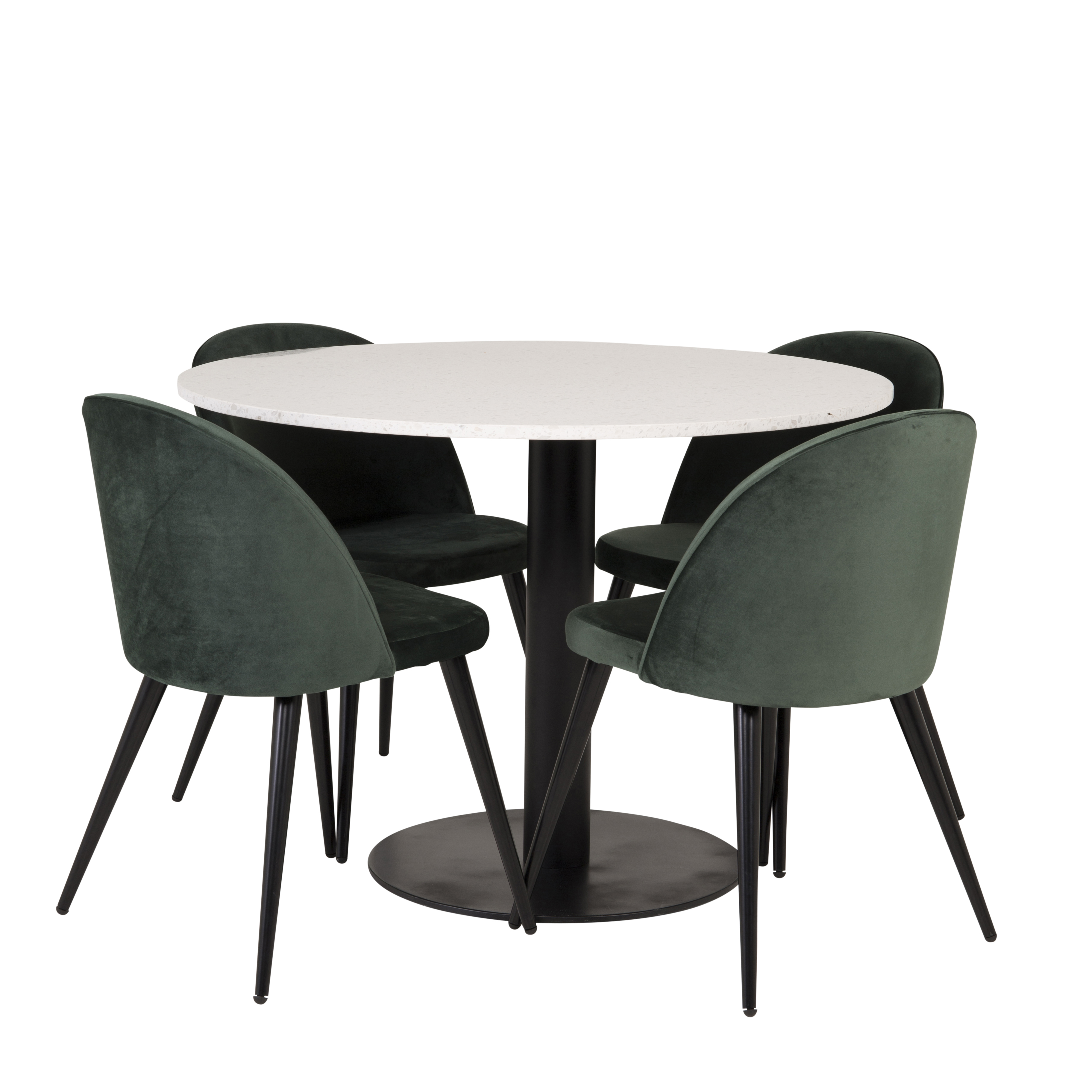 RazziaBord106cm-VitTerazzo/Black+Stol-Svart/MossgrönSammet4 Hvit Bord med Sort Bein, Grønn Stol med Sort Bein