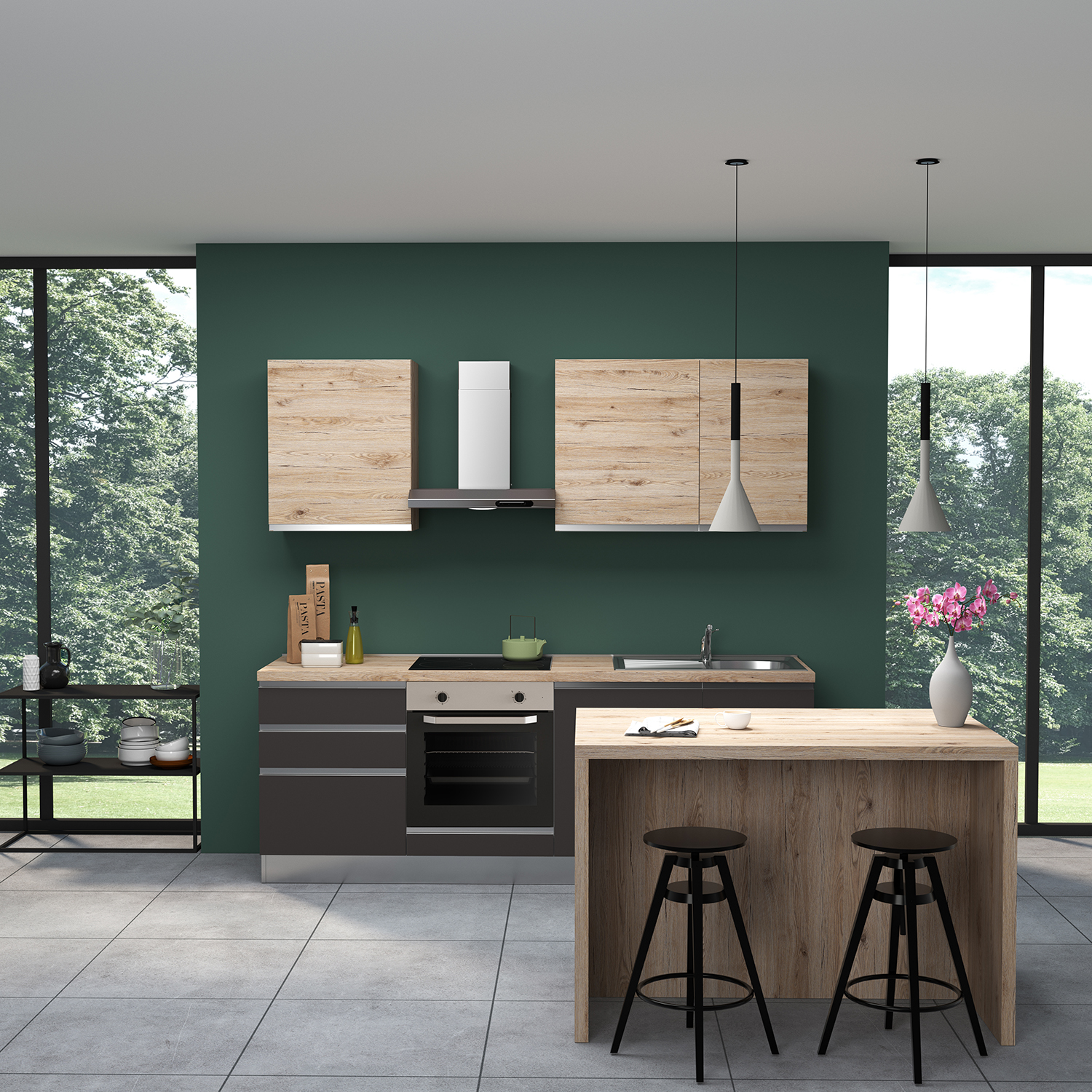 Komplett Kjøkken Mimo Dalia 225 Høyre Mørkgrå/Eik inkl. Hvitevarer Ferdigmontert