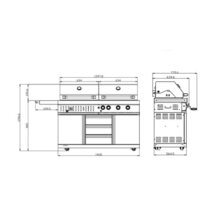 Frittstående Gass- og Kullgrill Myoutdoorkitchen Stainless Collection med 3 Brennere
