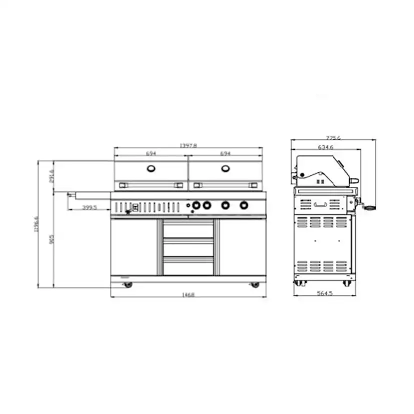 Frittstående Gass- og Kullgrill Myoutdoorkitchen Stainless Collection med 3 Brennere