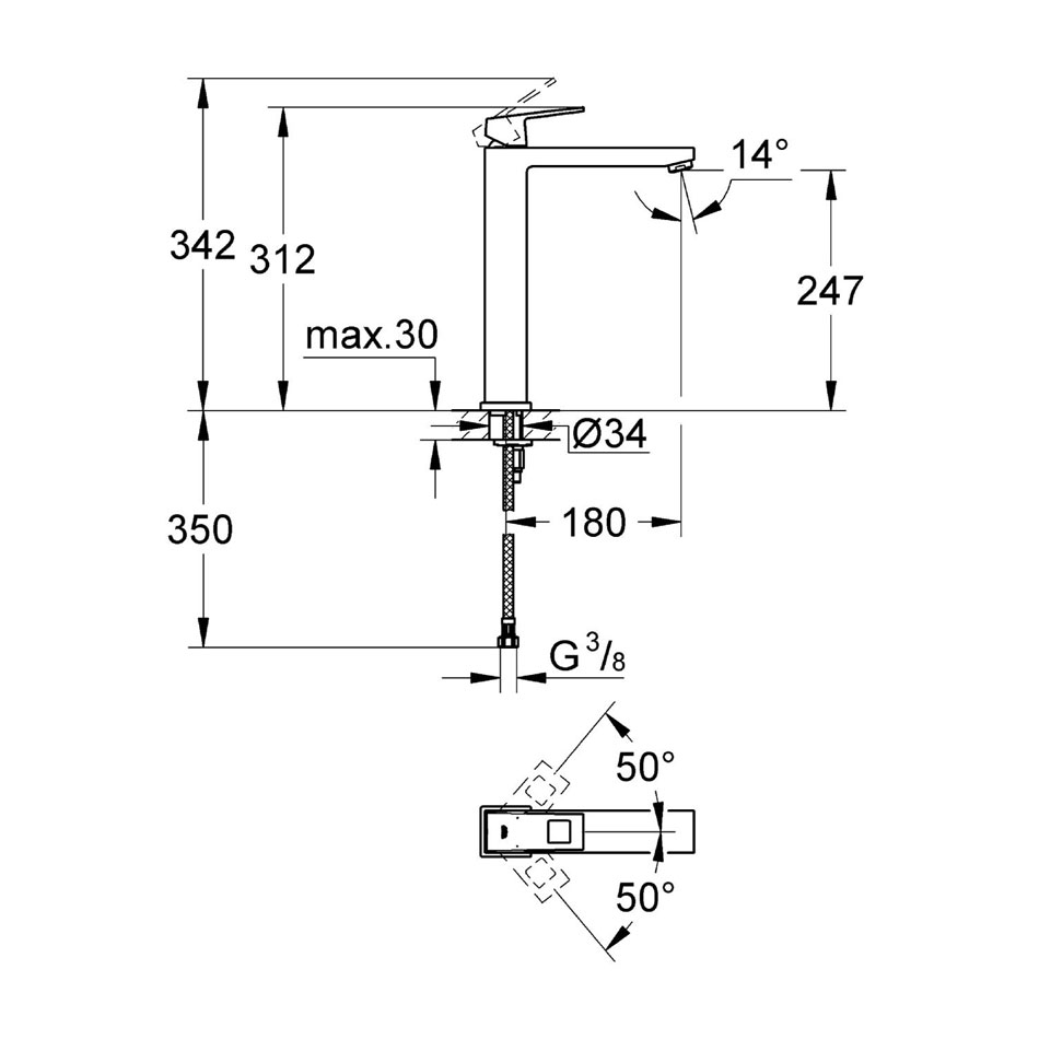Tvättställsblandare Grohe Eurocube 23406 med Hög Pip