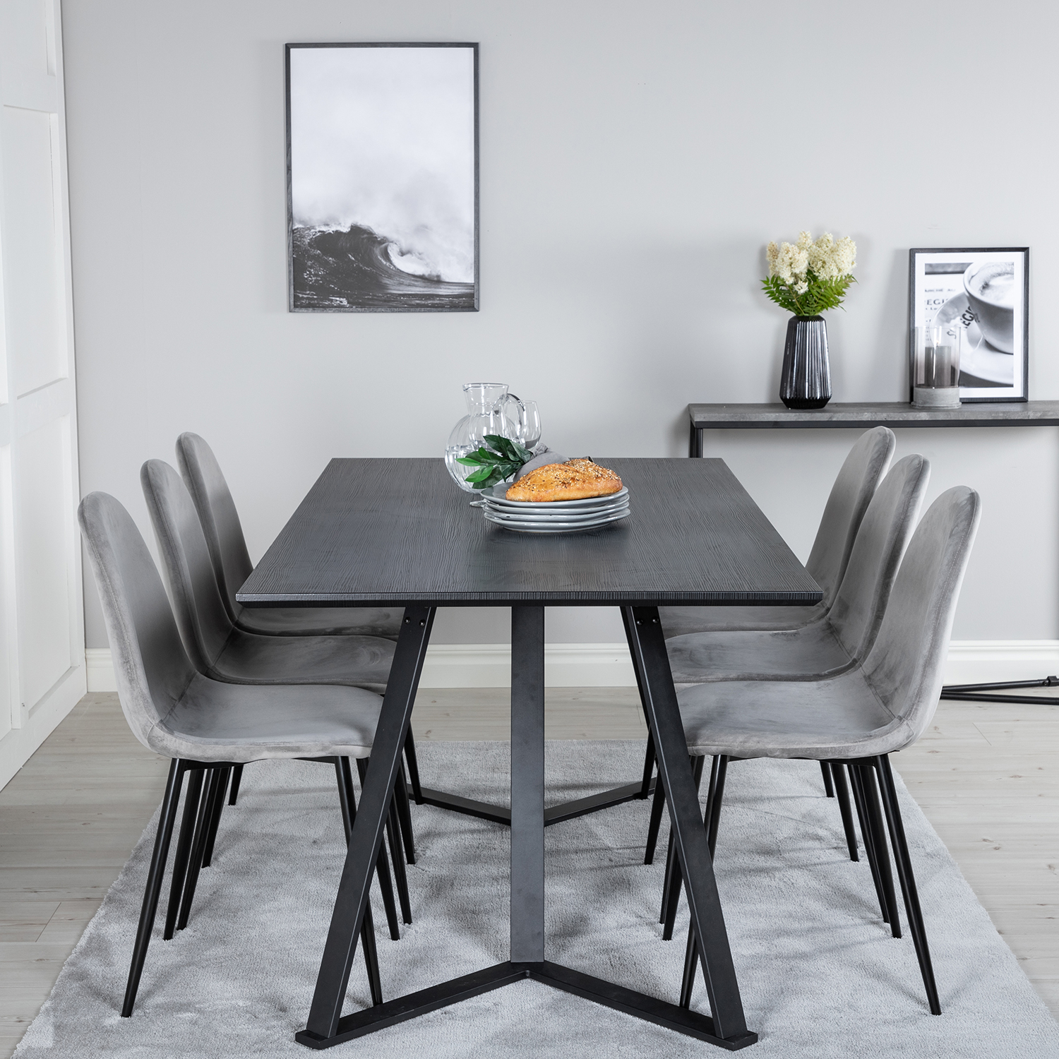 Spisegruppe Venture Home Madde med 6 Pobbie Stoler Fløyel