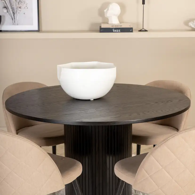 Bianca Round Dining Table - Black / Black Veneer+Velvet Sti Sort/Beige/Sort
