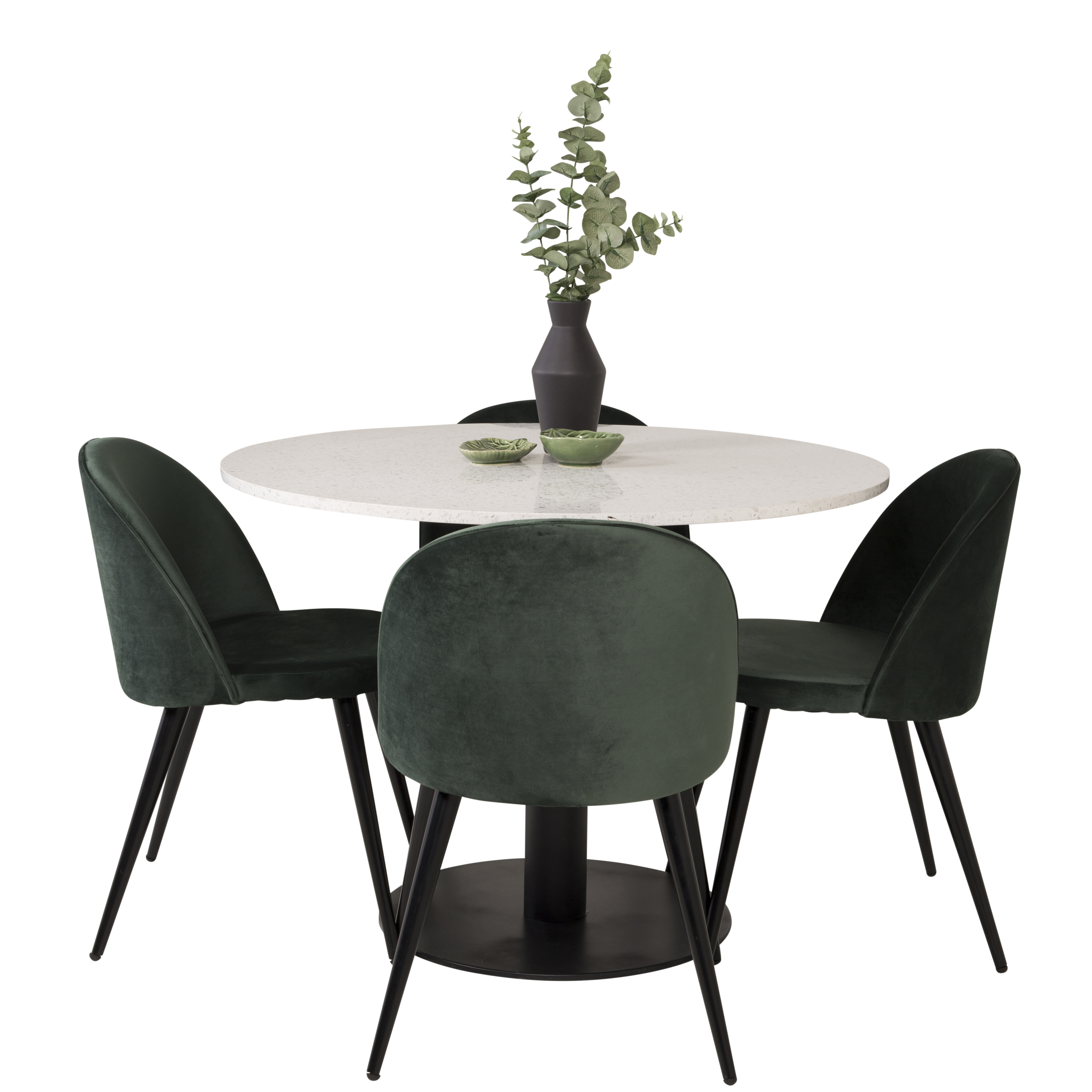RazziaBord106cm-VitTerazzo/Black+Stol-Svart/MossgrönSammet4 Hvit Bord med Sort Bein, Grønn Stol med Sort Bein