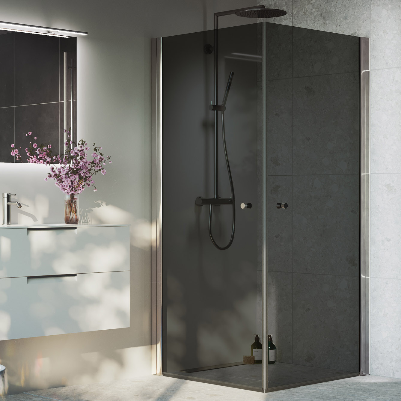 Spirit Rak 90x90 Bl Kn To 900x900x1970 mm, Krom, Tonat glas med Knopp