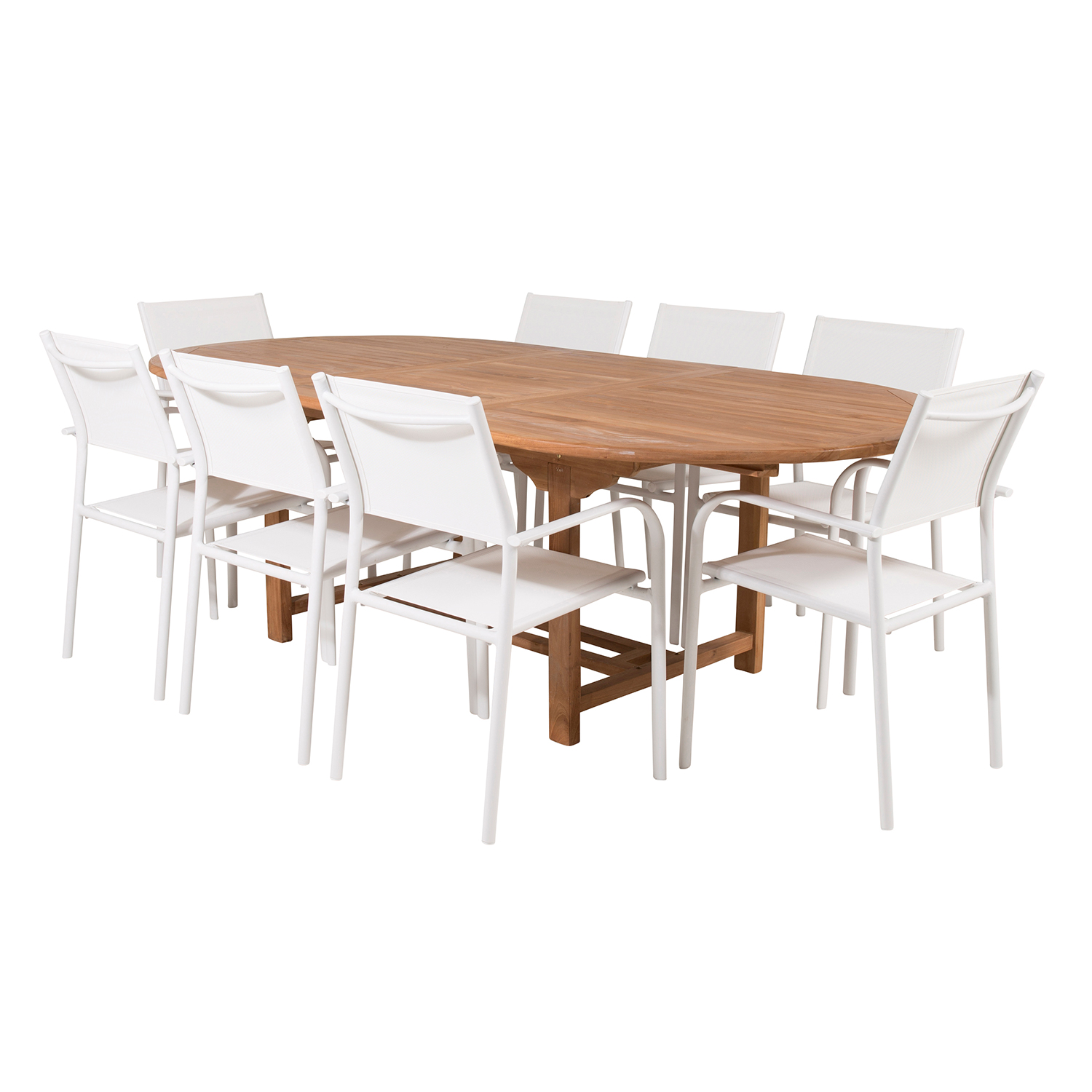 Spisegruppe Venture Home Kenya 180-240x120 Teak med 8 Santorini Lenestoler