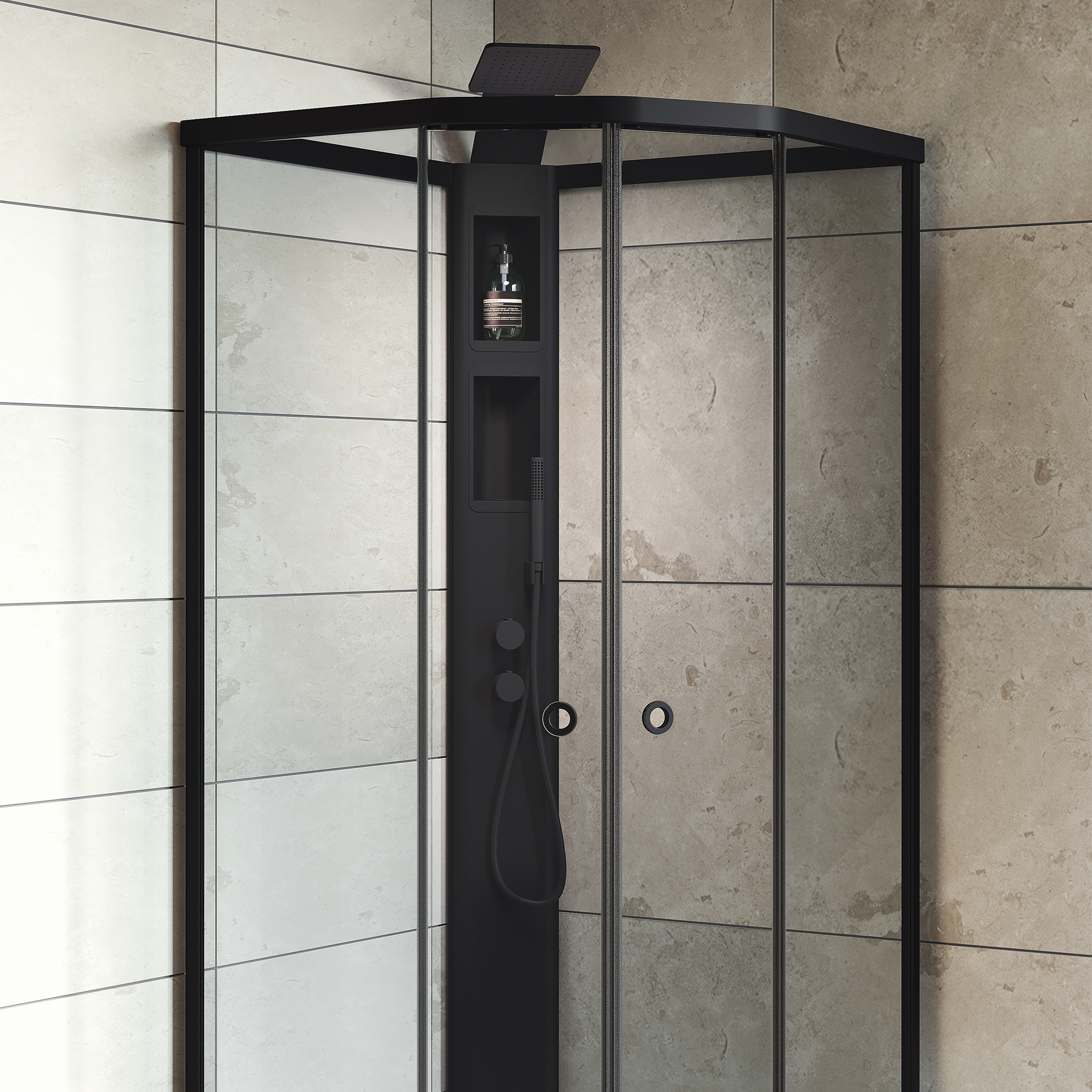 Dusjkabinett Macro Design Flow Semi med Innfelt Armatur, 1010x1010 mm, Matt aluminium Profil, Ice/Hvit bakvegg