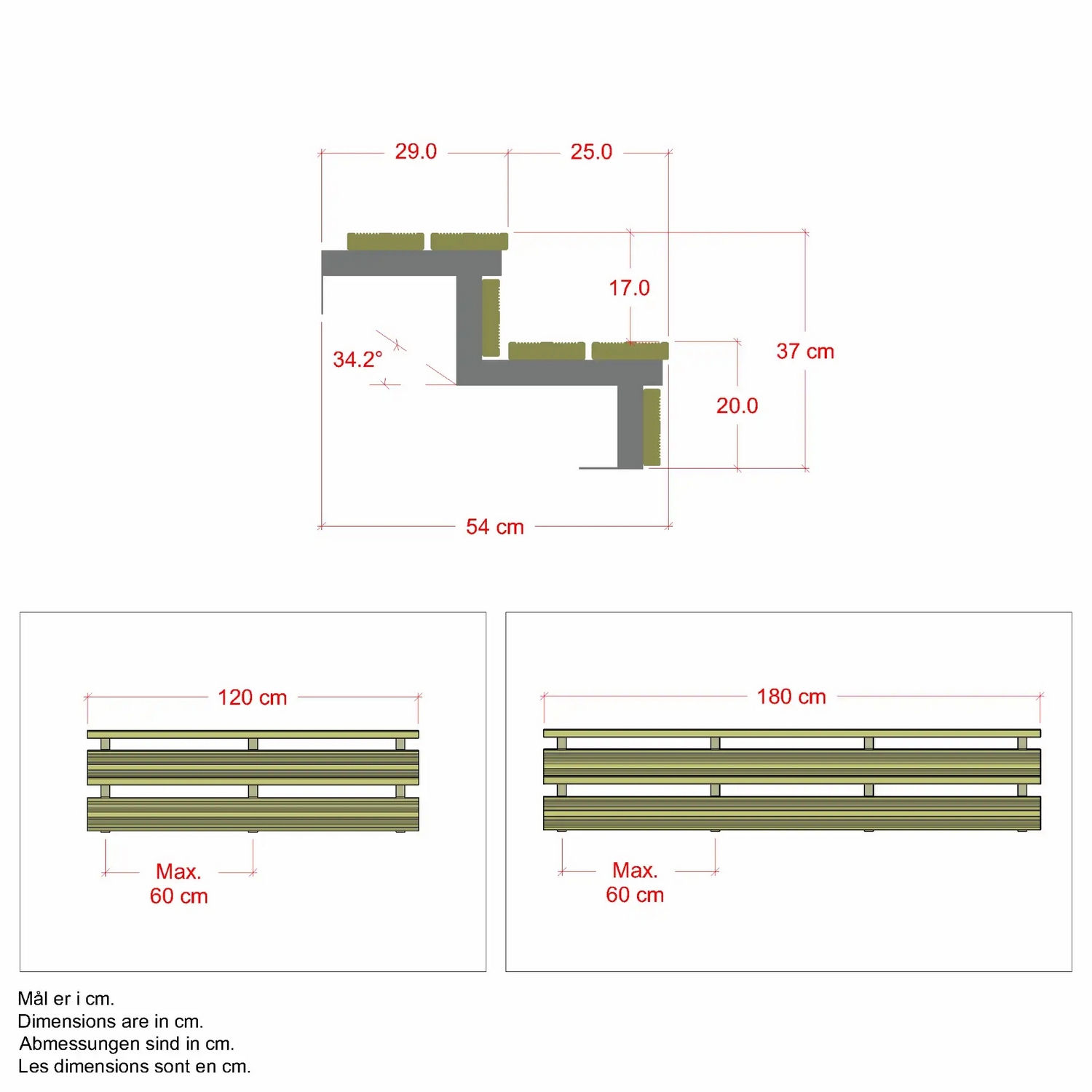 Terrassetrapp PLUS Stål/Tre Trinndybde 25 cm B180