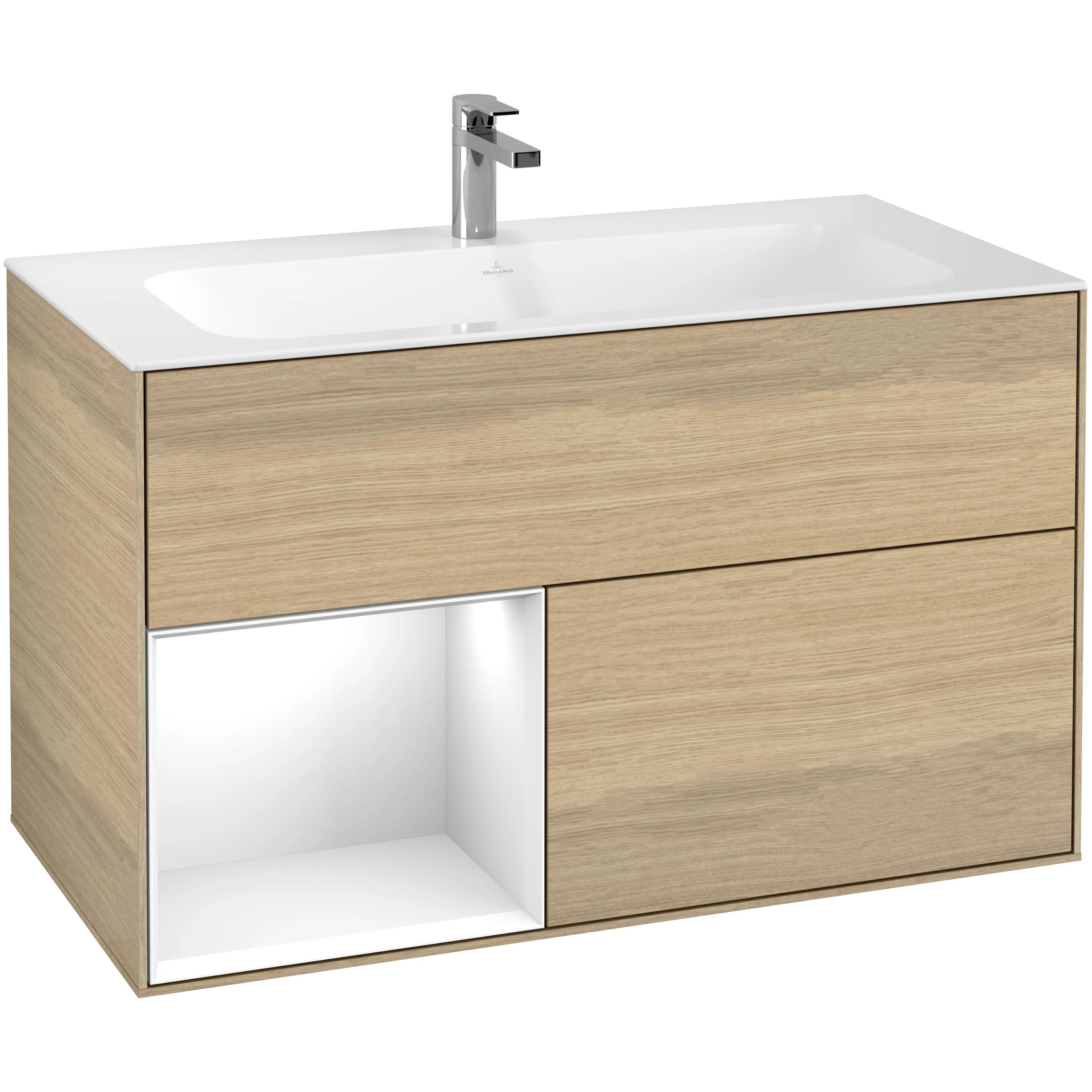 Tvättställsskåp Villeroy & Boch Finion G030GFPC Ekfanér/Vit Högblank med Väggbelysning, Lucka Vänster
