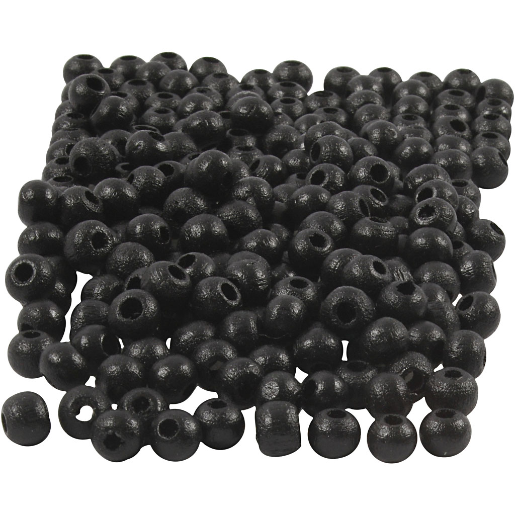 Träpärlor, svart, Dia. 5 mm, Hålstl. 1,5 mm, 6 g/ 1 förp. Svart