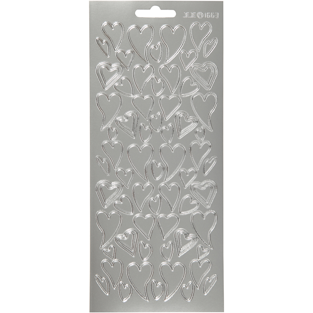 Stickers, silver, hjärtan, 10x23 cm, 1 ark Sølv