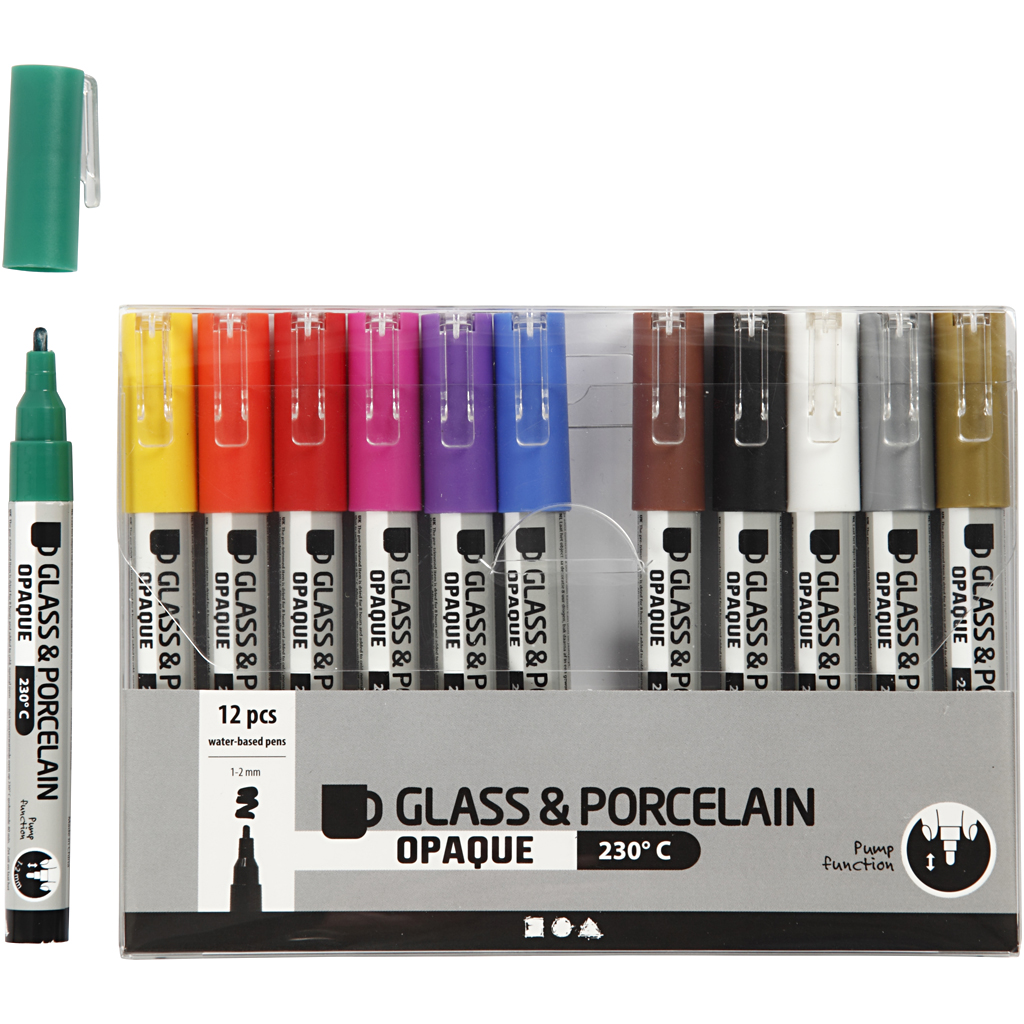 Glass- og Porselenstusj Creativ Company Ass farger Strek 1-2 mm halvdekkende 12 stk/1 Pk