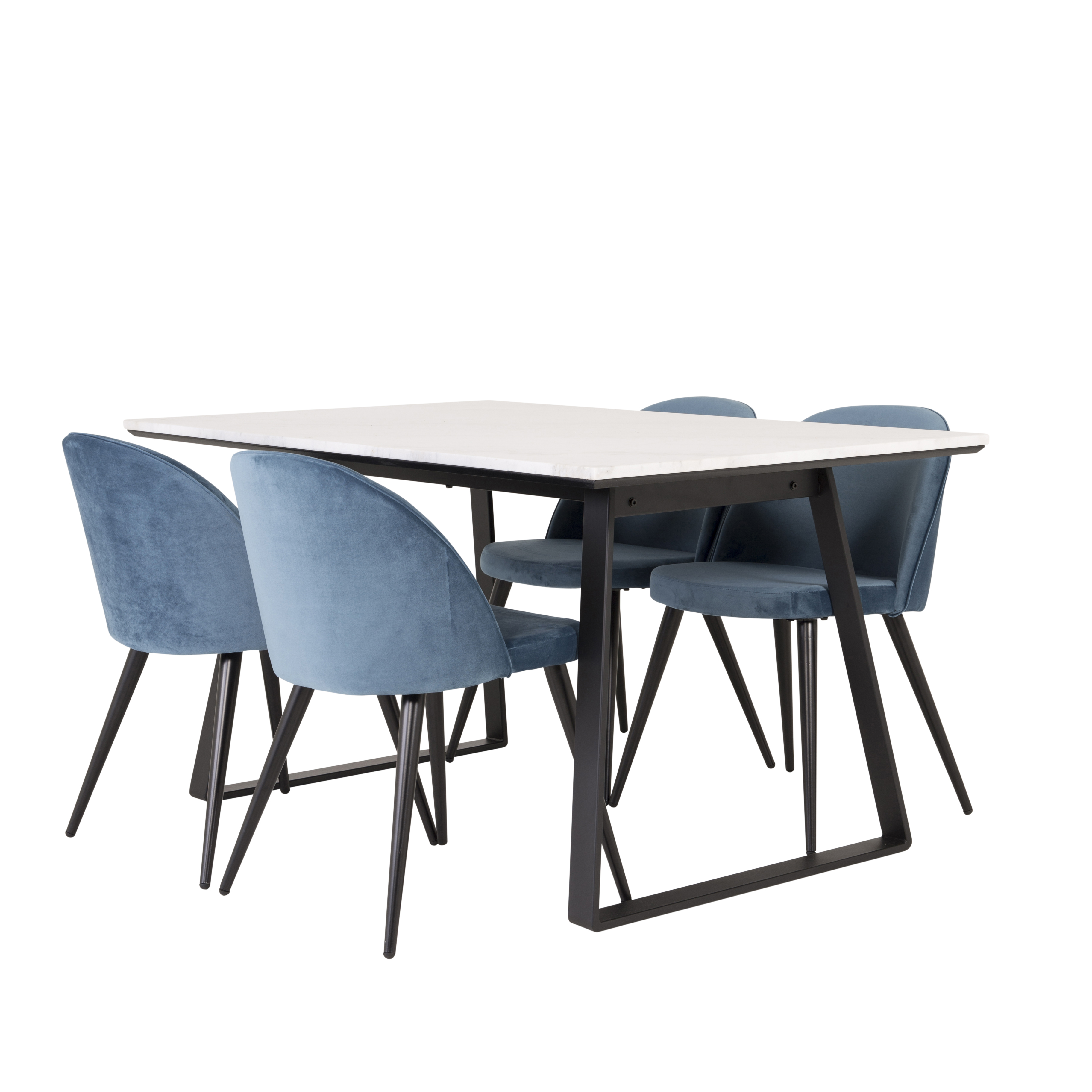 EstelleBord140*90-VitMarble/Black+Stol-Svart/BlåSammet4 Hvit Bord med Sort Bein, Blå Stol med Sort Bein