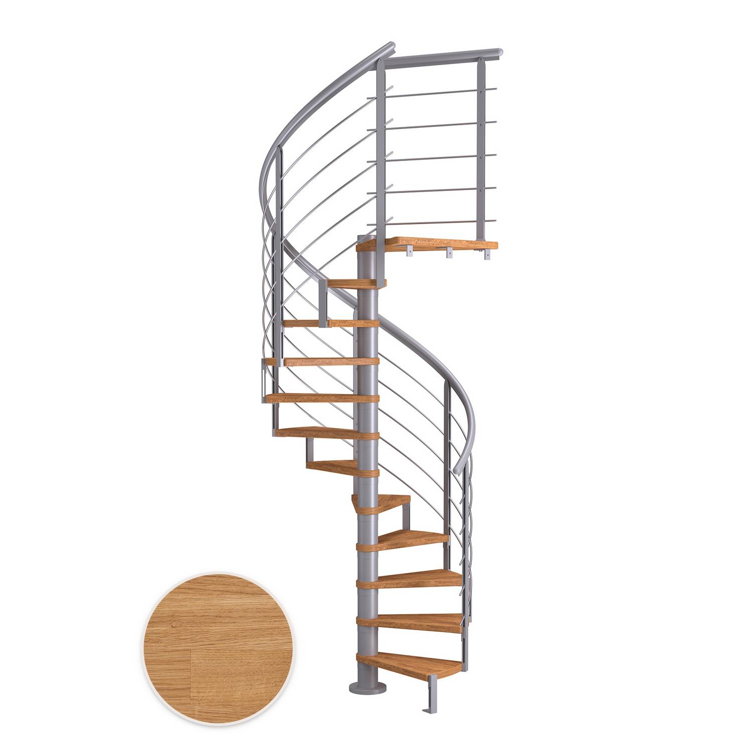 MONTREAL spiral ek oljad pearl grey DESIGN 11T Ø120 Pearl Grey, D: 1200 mm, Høyde gulv til gulv: 2500-2860 mm, 11+1 trinn