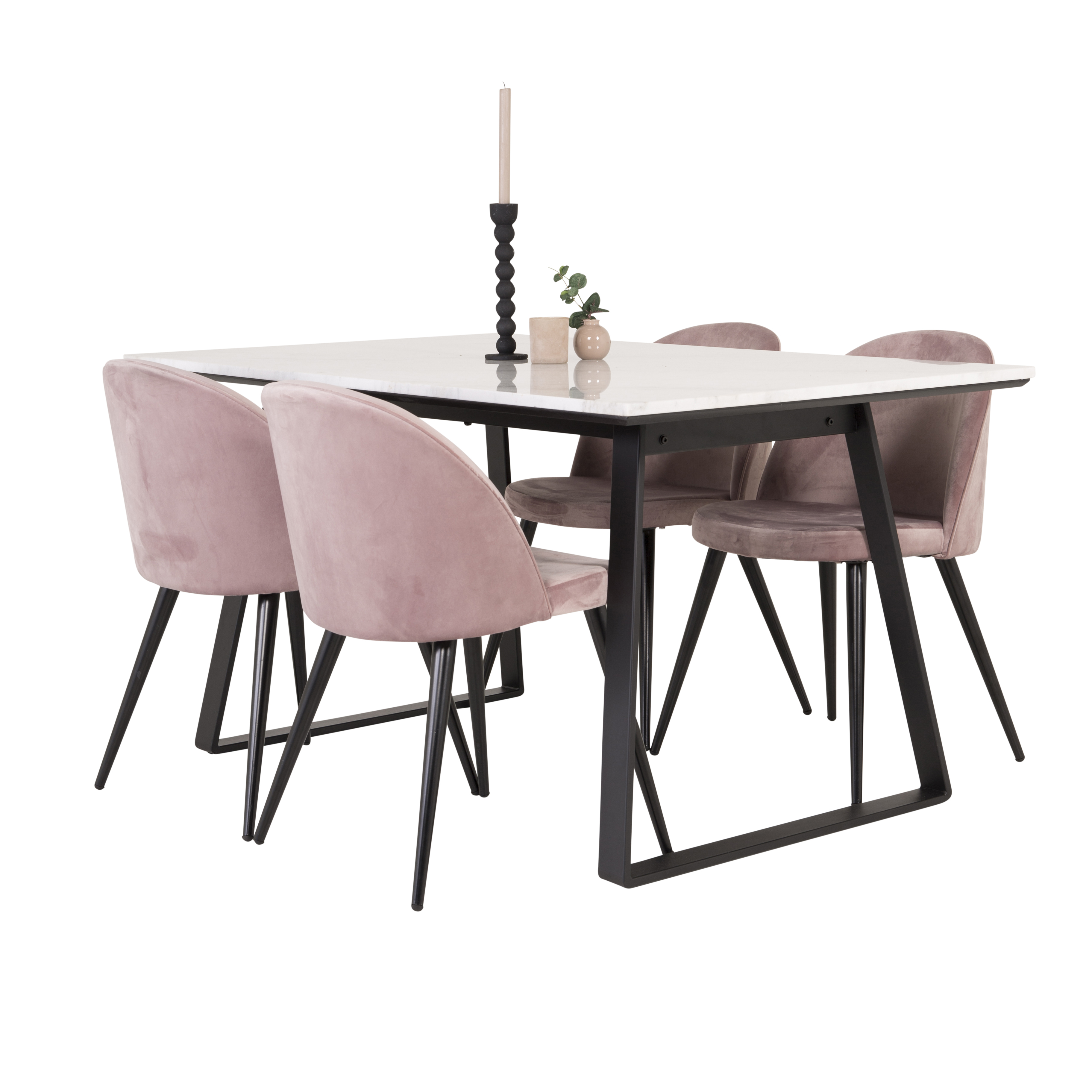 EstelleBord140*90-VitMarble/Black+Stol-Svart/GamelrosaSamet4 Hvit Bord med Sort Bein, Rosa Stol med Sort Bein