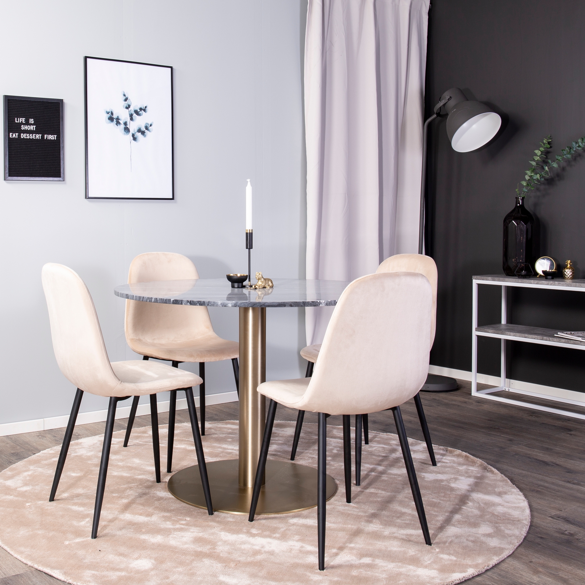 Spisegruppe Venture Home Estelle Rund med 4 Pobbie Stoler Fløyel