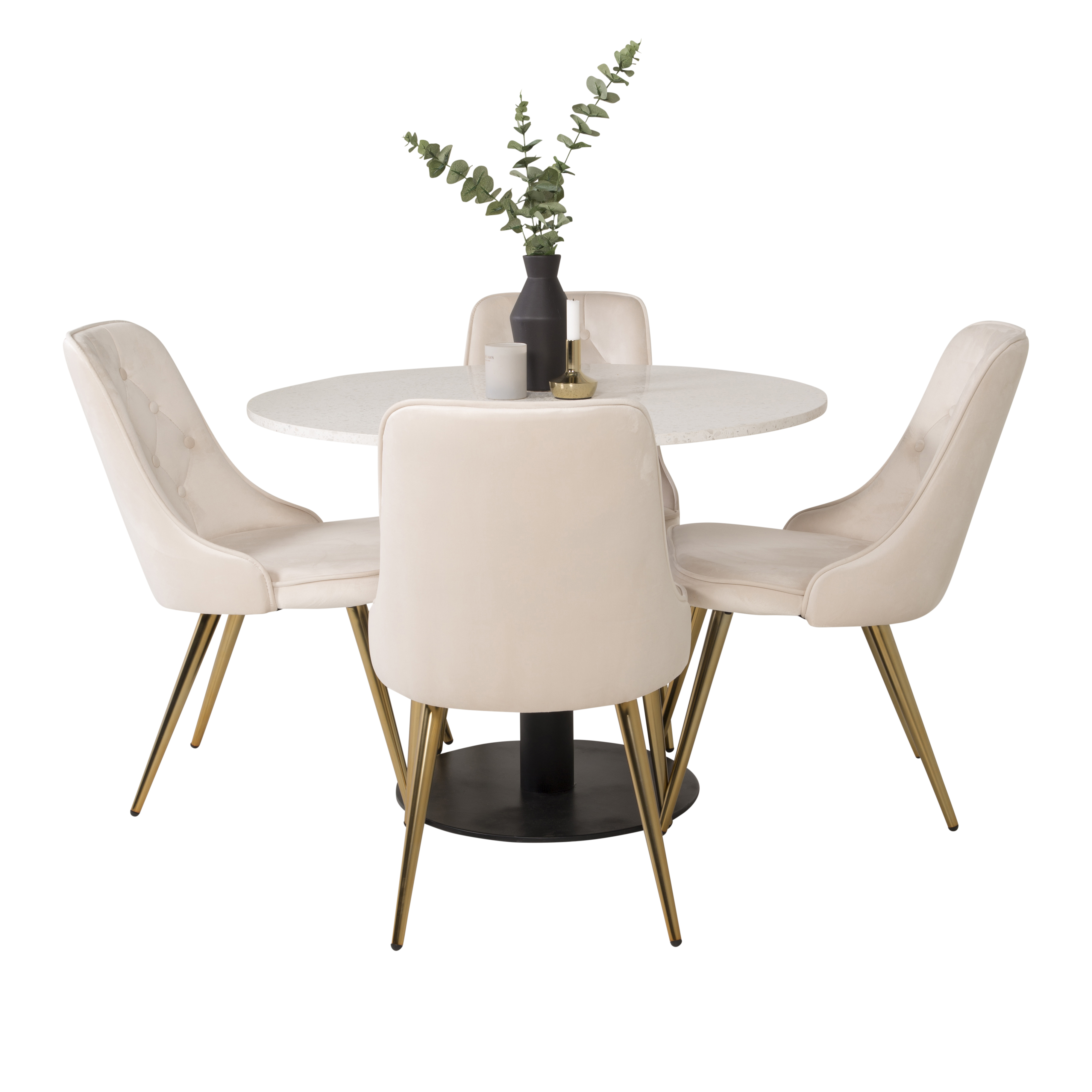 Spisegruppe Venture Home Roxanna HHvitBord med 4 Vera Stoler Fløyel