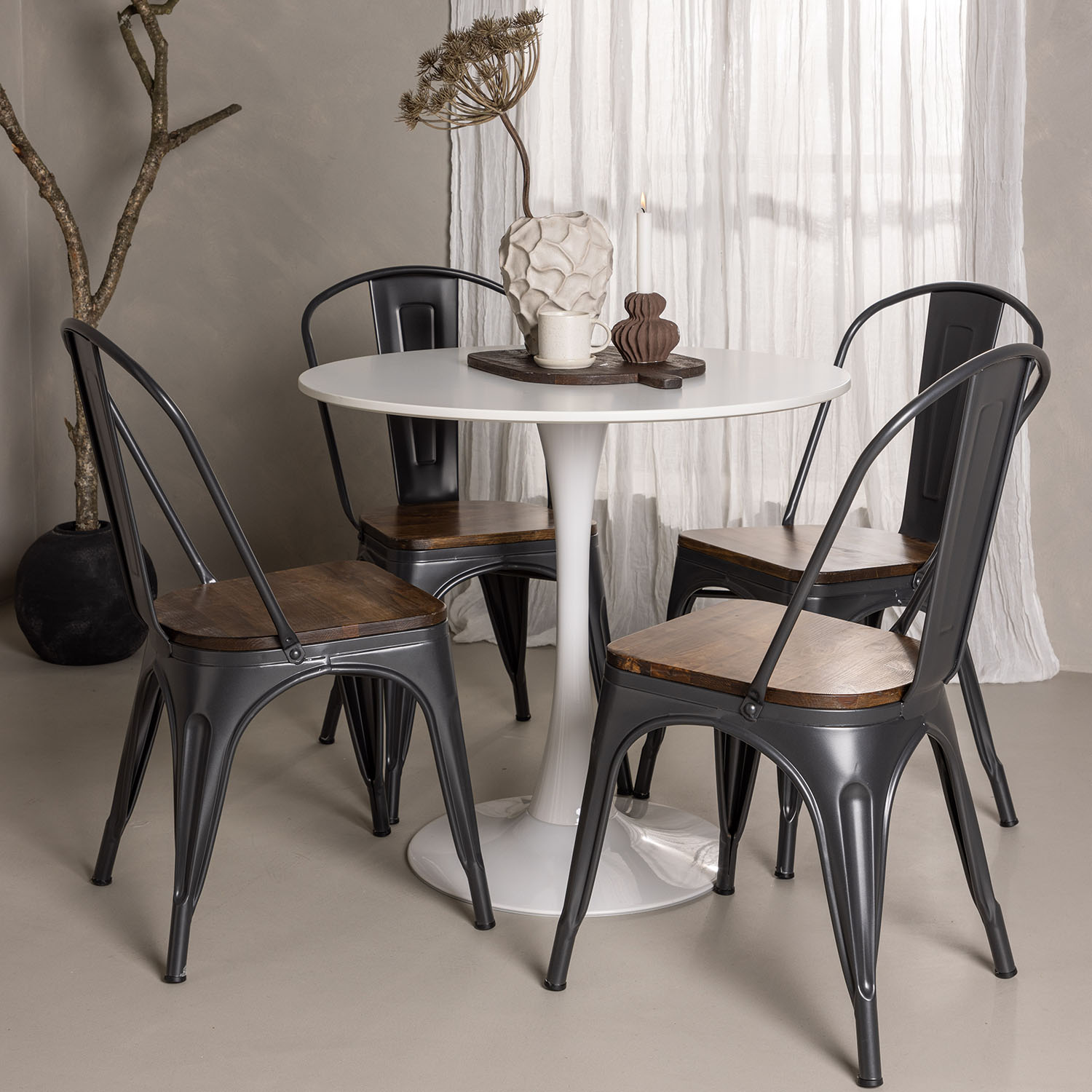 Hamden Dining Table - White MDF+Tempe Dining Chair - Dark gr Hvit/Sort/Valnøtt
