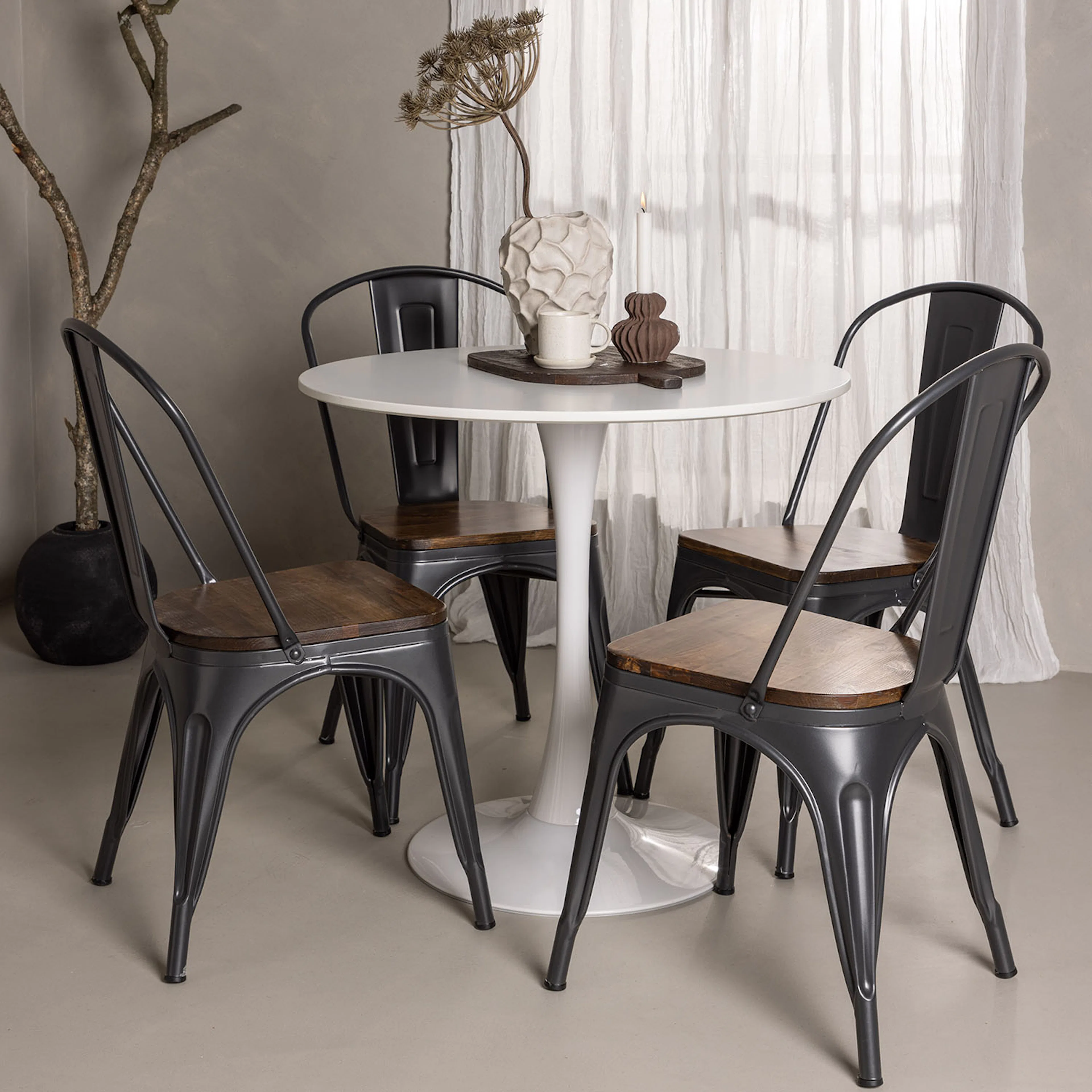 Hamden Dining Table - White MDF+Tempe Dining Chair - Dark gr Hvit/Sort/Valnøtt