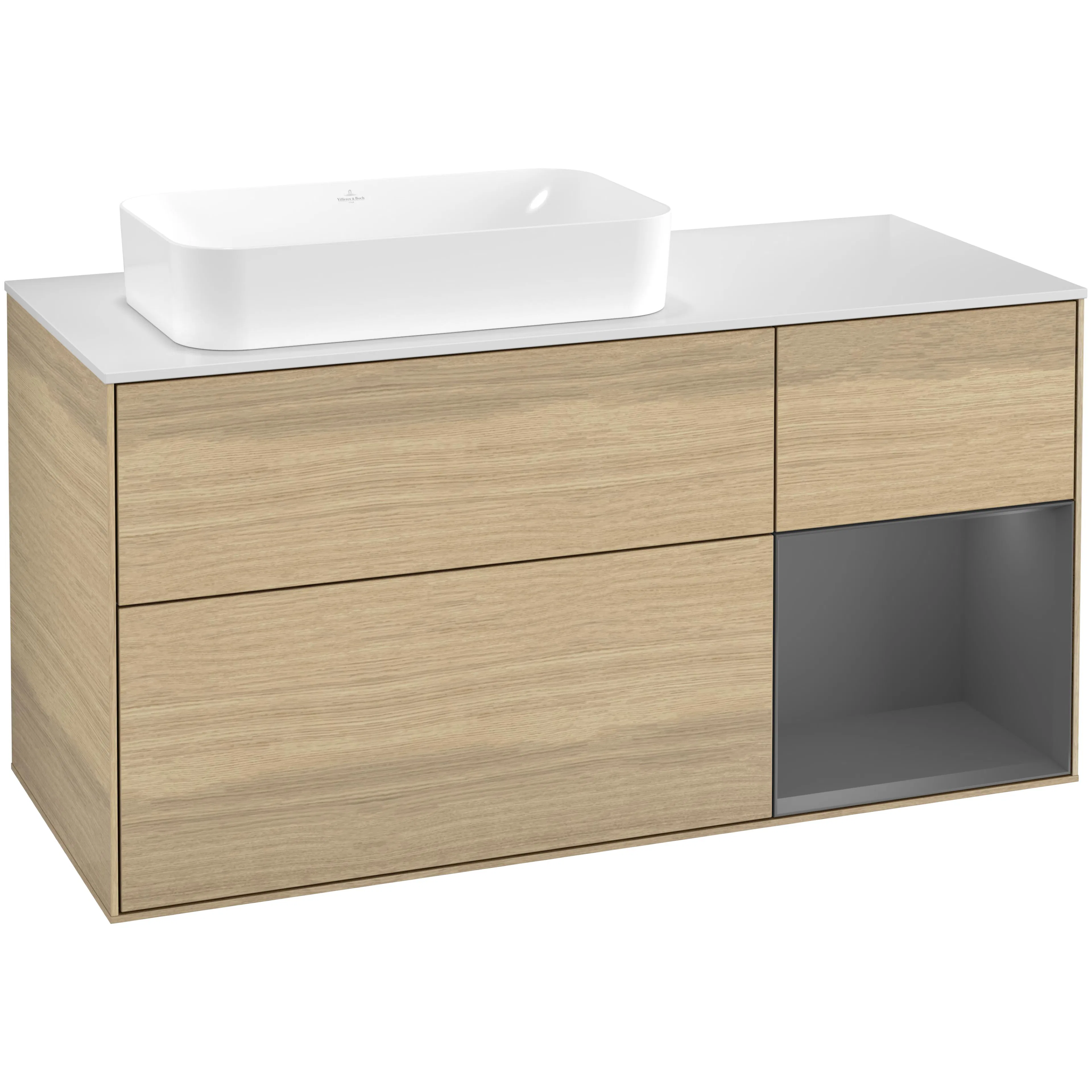 Tvättställsskåp Villeroy & Boch Finion G691GKPC Ekfanér/Antracitgrå Mattlack med bänkskiva i Mattvitt glas med Väggbelysning, Lucka Höger utan Blandarhål