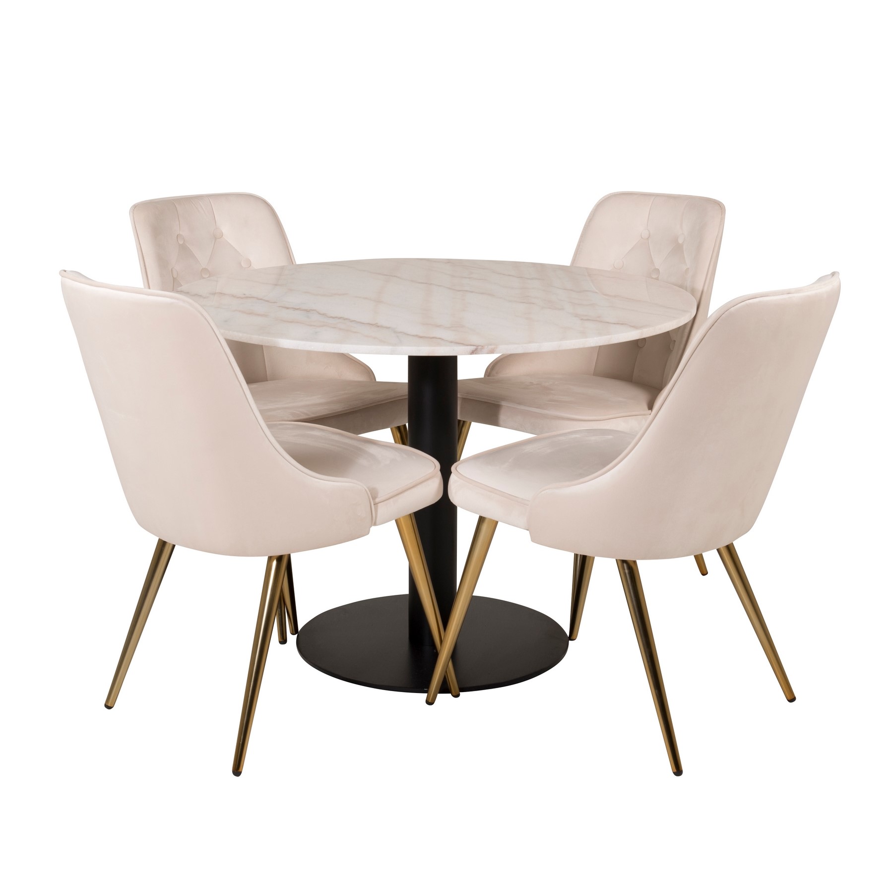 Estelle runt Matbord - Svart / Vit marmor - ø106*H75+Velvet Hvitt Bord med Sort Bein, Beige Stol med Messing Bein