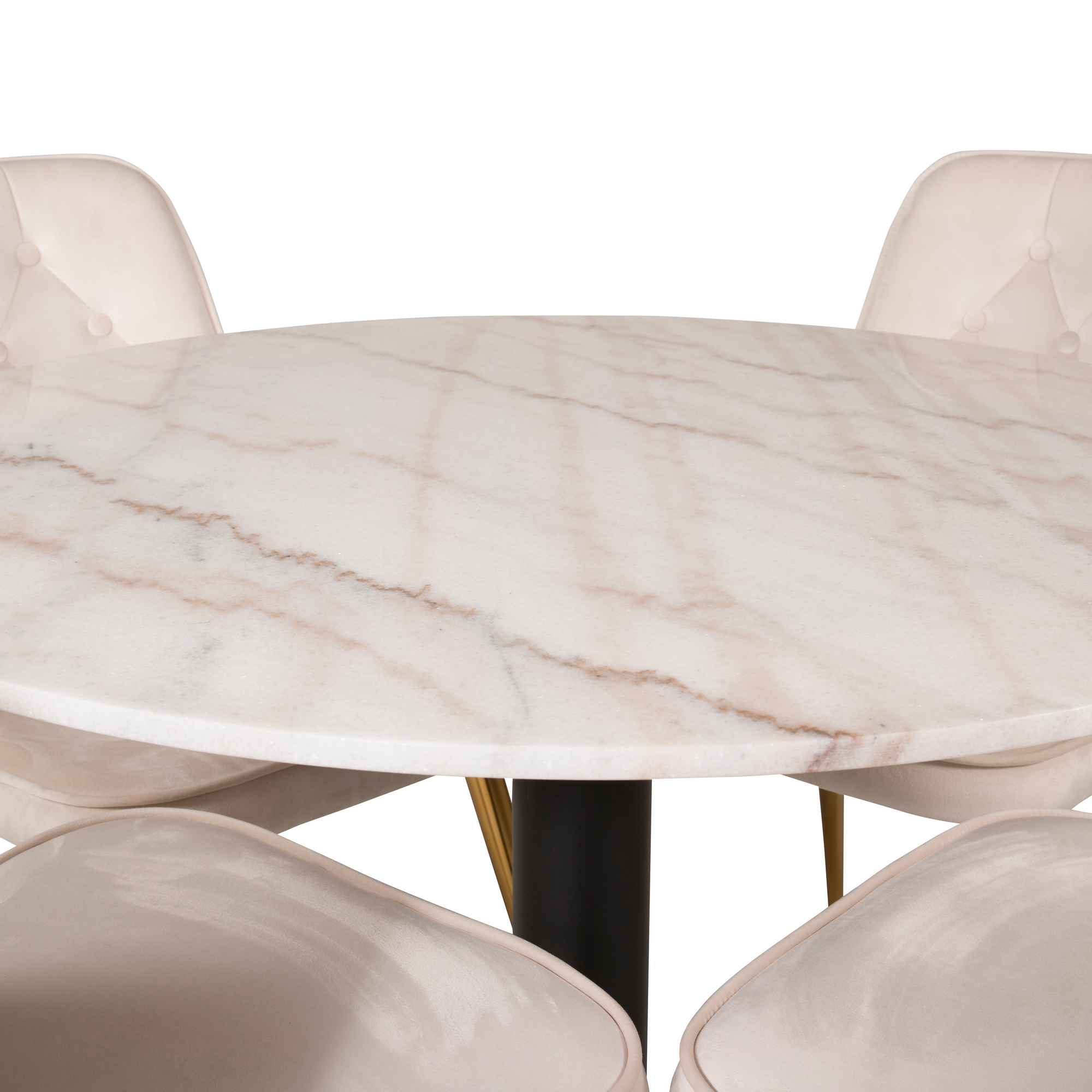 Estelle runt Matbord - Svart / Vit marmor - ø106*H75+Velvet Hvitt Bord med Sort Bein, Beige Stol med Messing Bein