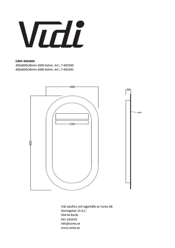 Speil Vidi Edith 400x800 mm