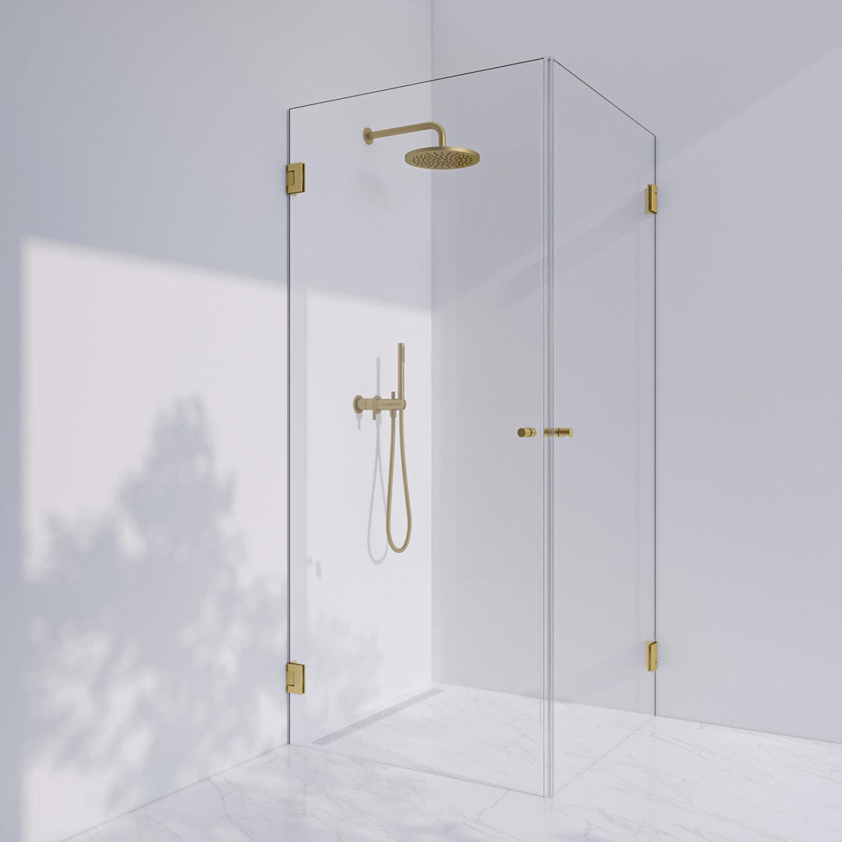 Invitrea Flair GH22/90x90/Blank mässing/Fingerhål/Järnfattig Storlek: 900x900 mm, Glastyp: Klarglas Järnfattigt, Profil: Blank Mässing, Handtag: Fingerhål