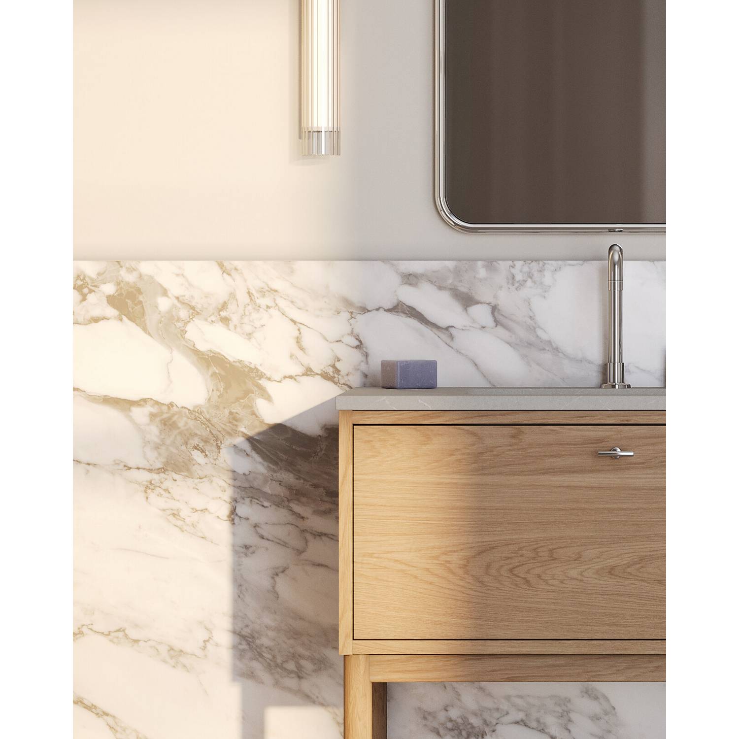Kommod Ducentic Ljus ek - 120 cm. Stenbänkskiva med 2 hoar, Lys Eik, Hull for 2 stk Dobbelt hullbatterie, Beige Royal