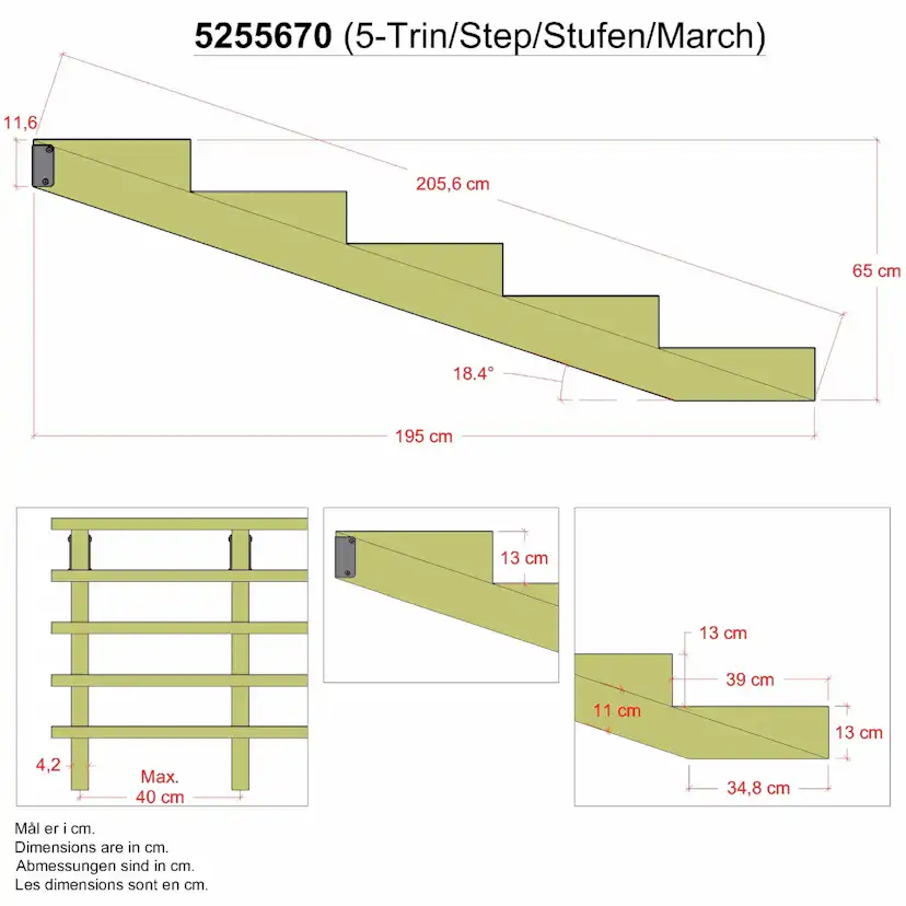 Trappevange PLUS Trinndybde 39 cm med Beslag