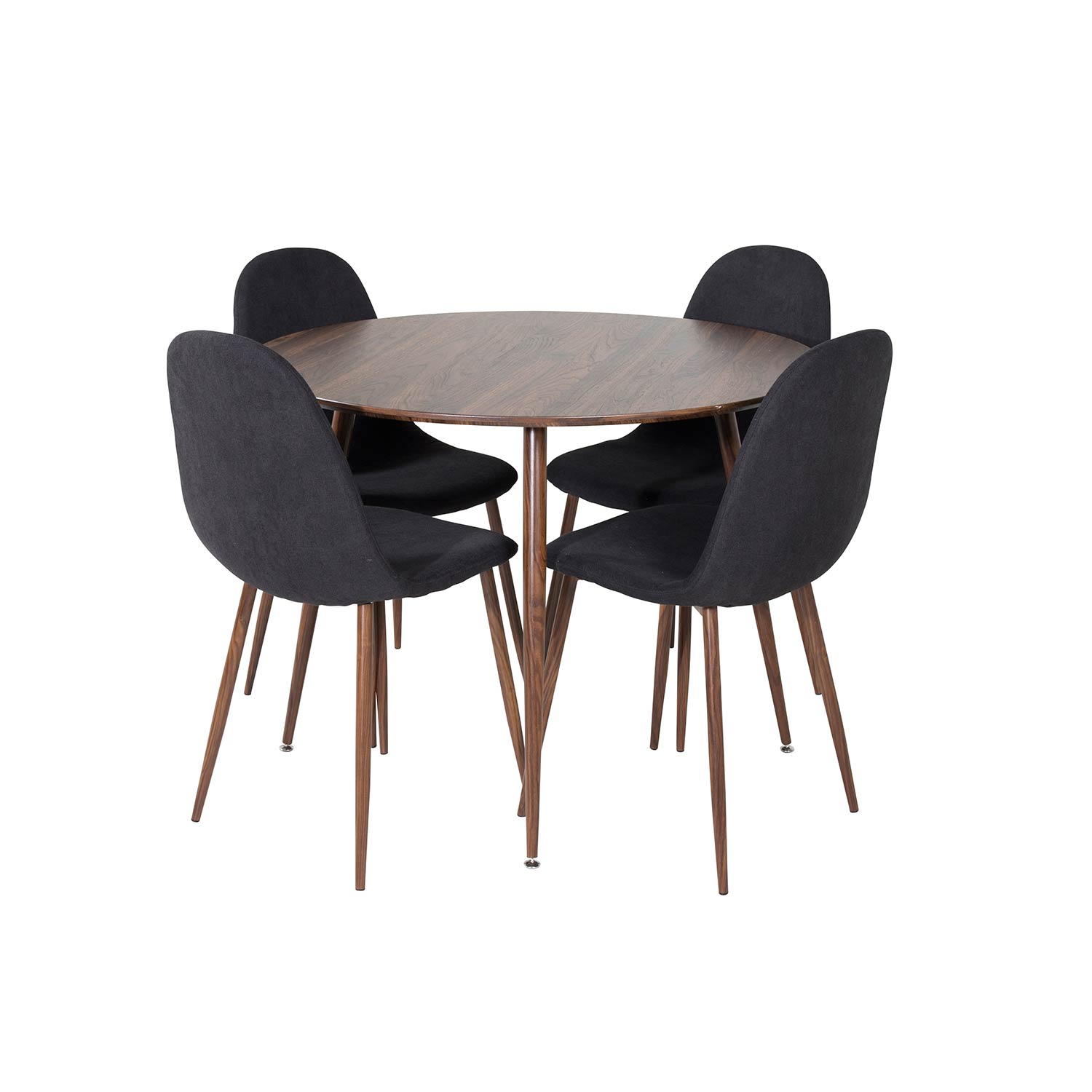 Plaza Round table - Walnut top -Polar Chair Black Fabric_4 Valnøtt Bord med Valnøtt Bein, Sort Stol med Valnøtt Bein