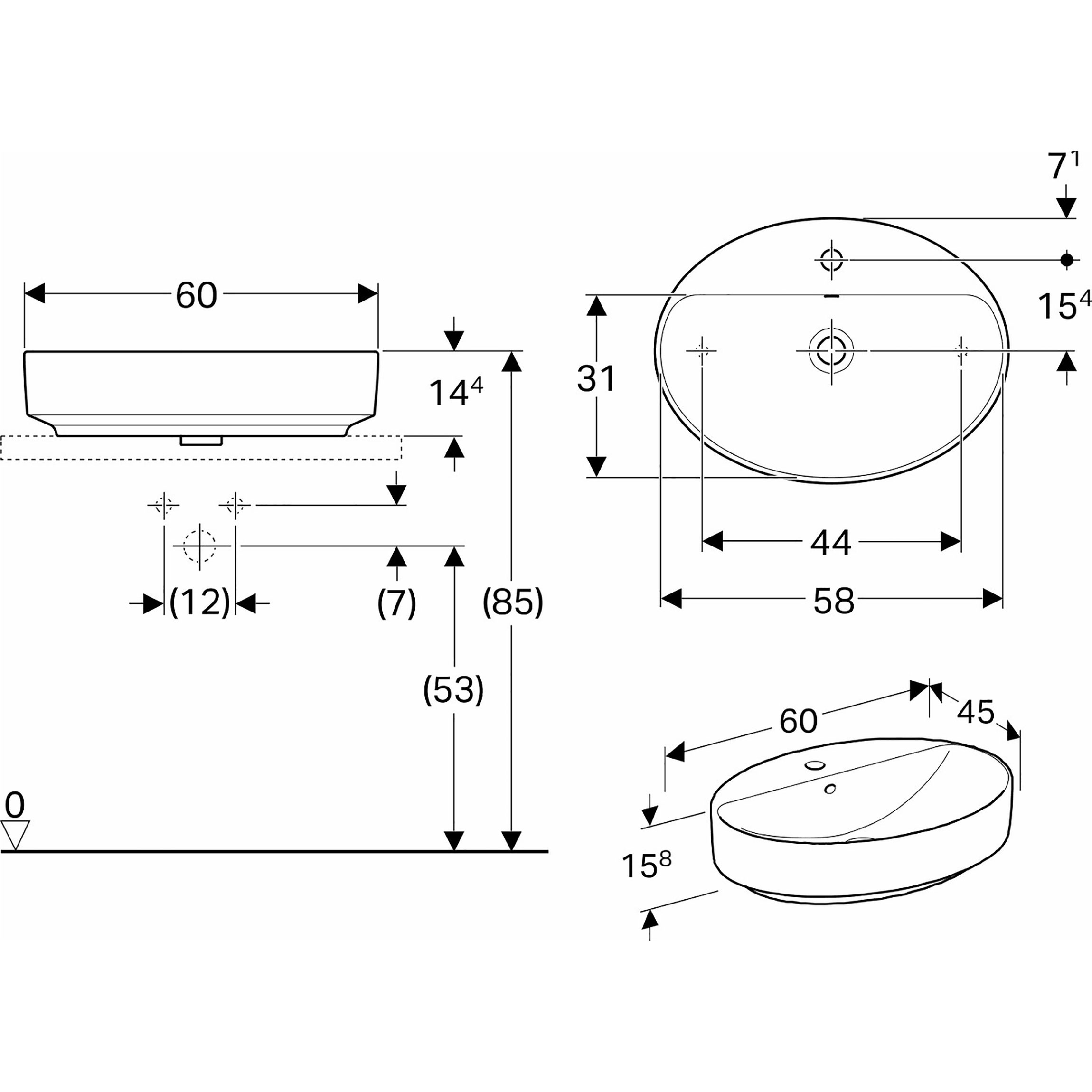 Tvättställ Geberit Variform 600 mm Lay-on Ovalt Kanthylla