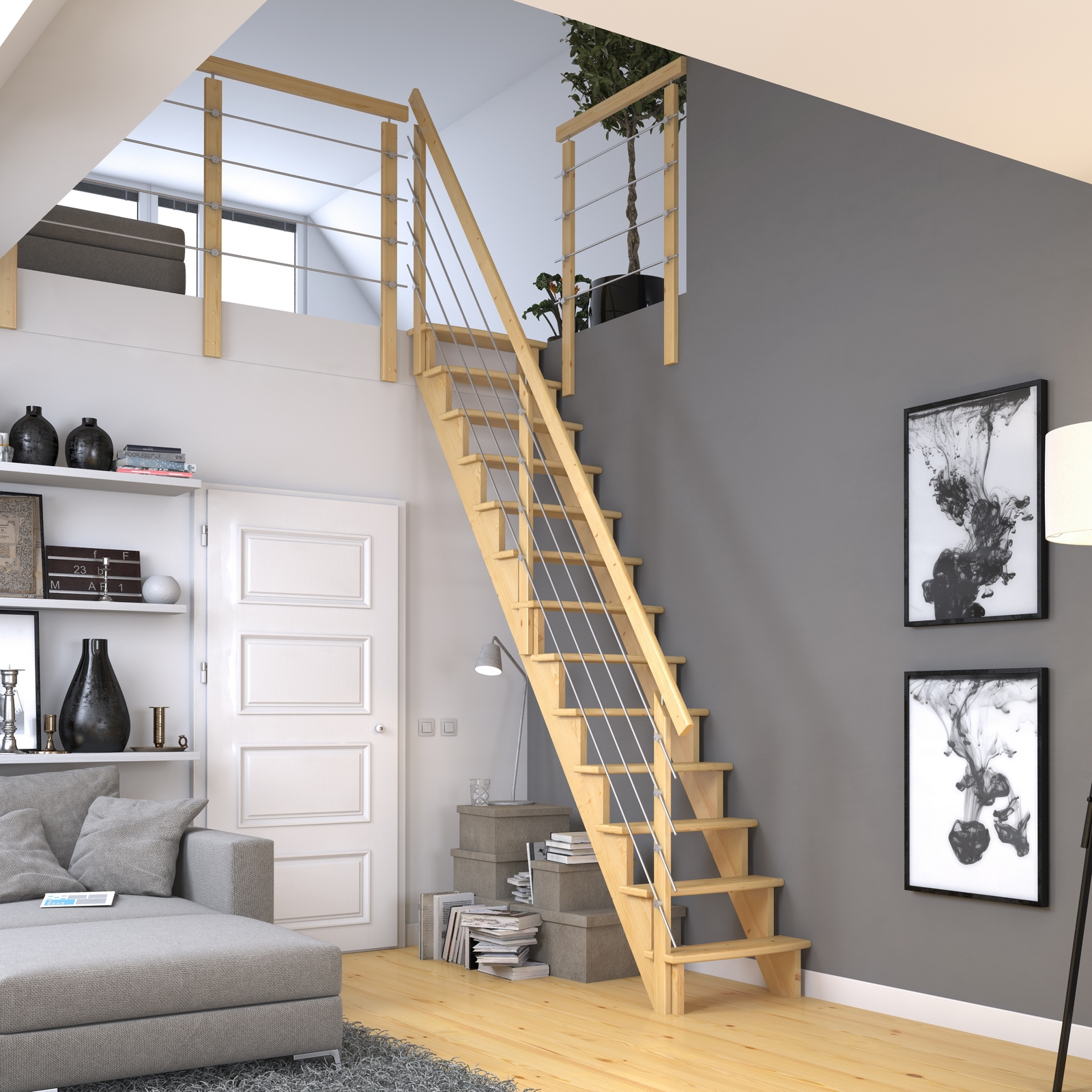 Plassbesparende Trapp Dolle Lyon med Horisontalt Stålrekkverk