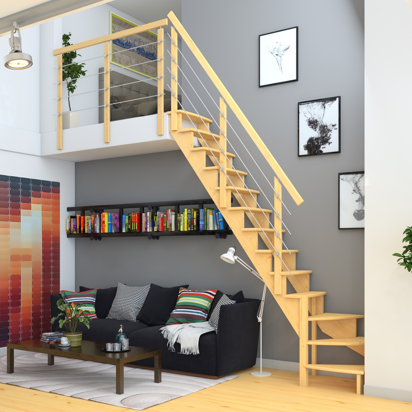 Plassbesparende Trapp Dolle Lyon med Vertikalt Metallrekkverk